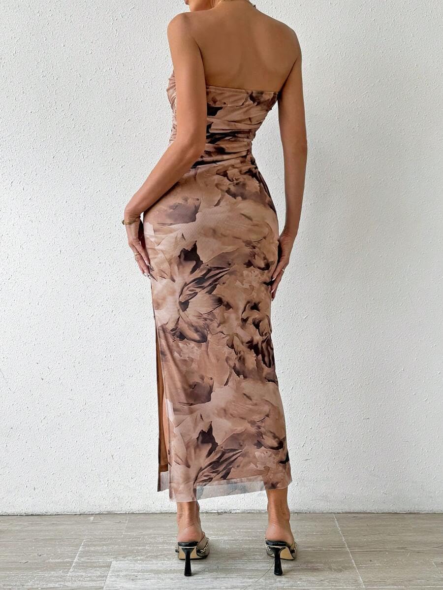 Women's Summer Floral Printed Strapless Tube Top Bodycon Maxi Dress with Side Slit & Mesh Layering - Perfect for Beach Vacations, Pool Parties and Summer Date Nights
