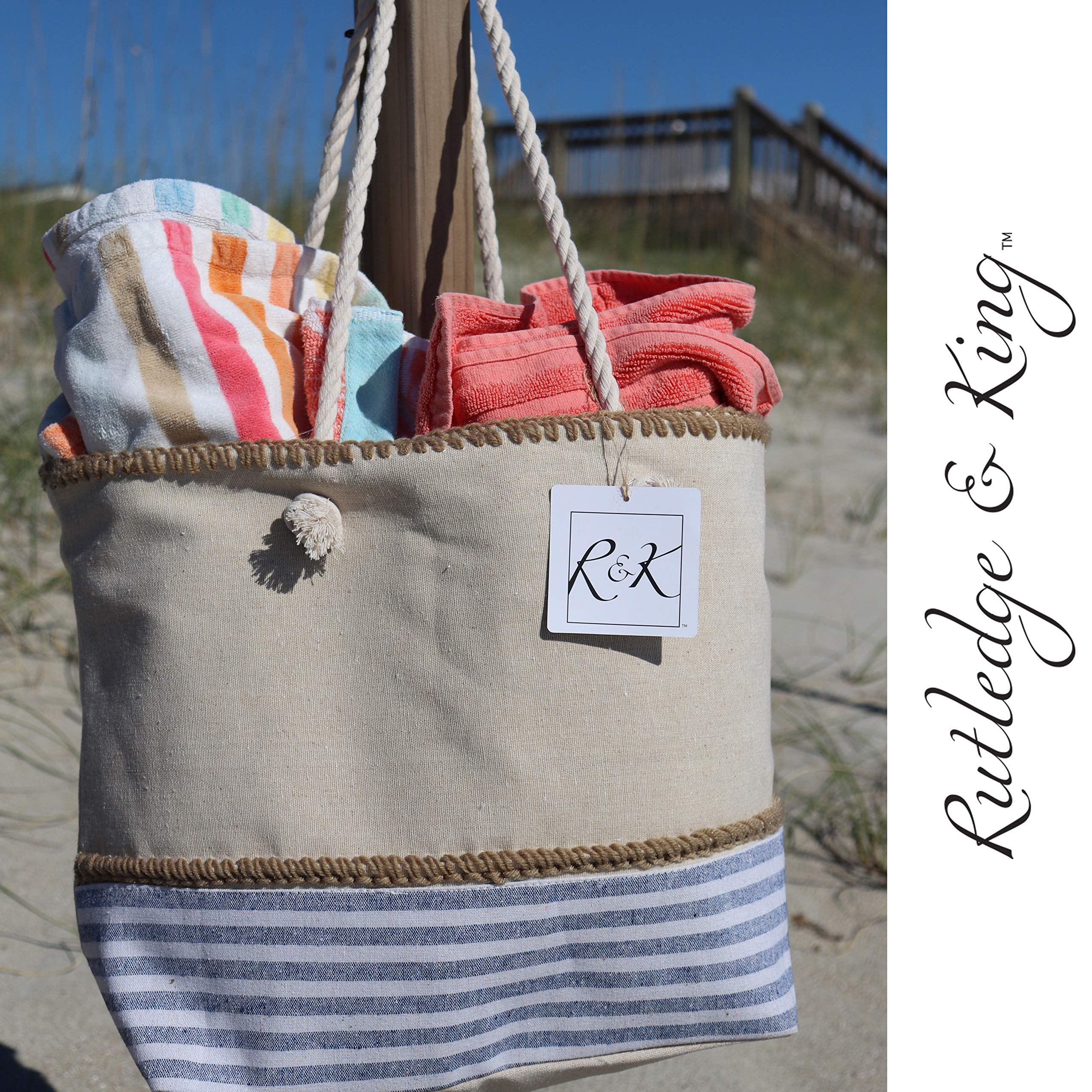 Rutledge & King Large Beach Tote Bag with Rope Handles - Stylish & Spacious Summer Tote for Women - Perfect for Beach, Pool, Shopping & Travel Accessories