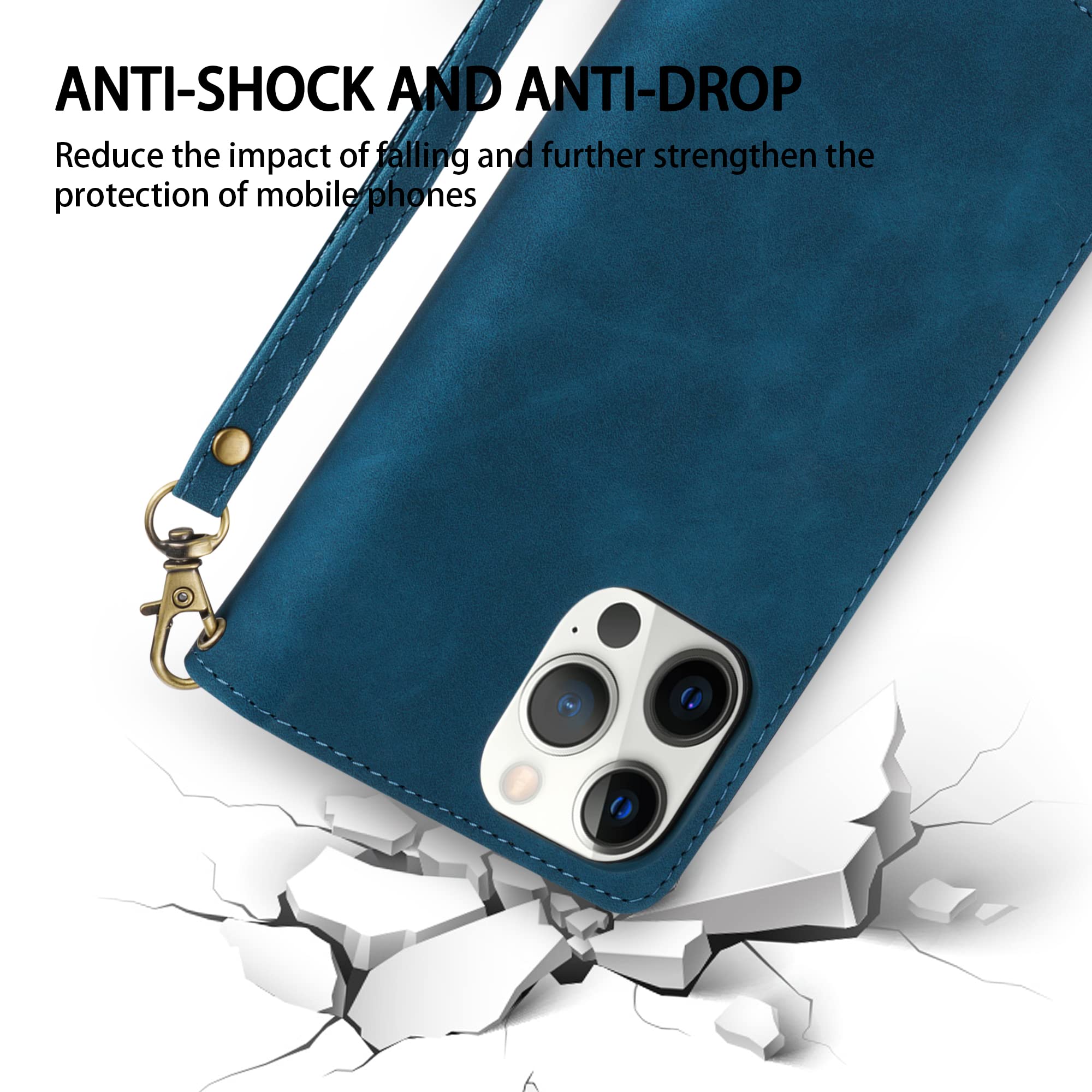 Premium Soft PU Leather Zipper Flip Folio Wallet Case for iPhone 12 Pro Max (6.7 inch) - Card Slots, Wrist Strap & Kickstand - Protective Blue Cover for Everyday Use, Travel & Business