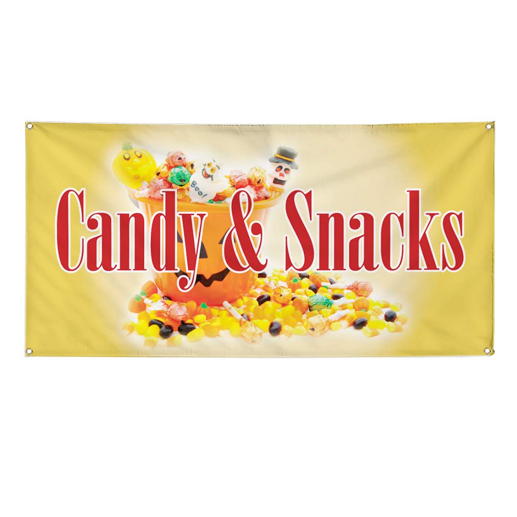 Durable Vinyl Banner for Candy & Snacks - Weatherproof Outdoor Sign for Restaurants, Cafes, Bars (48x96 Inches, Yellow, 8 Grommets) - Perfect for Business Advertising, Events, and Yard Signs