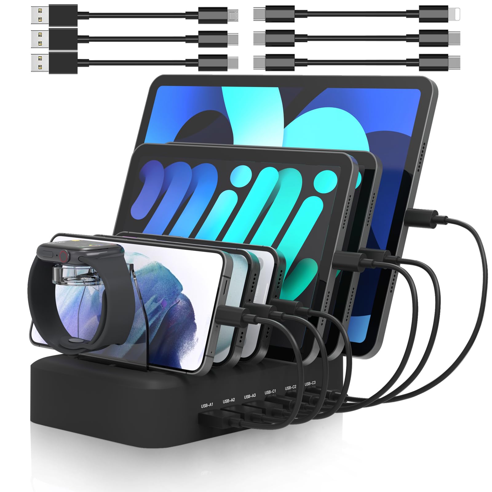 90W 6-Port USB C Fast Charging Station for iPhone 15/14/13, iPad Pro, Samsung Galaxy - Multi Device Charger with Adjustable Dividers - Perfect for Home, Office, Classroom & Travel Organization