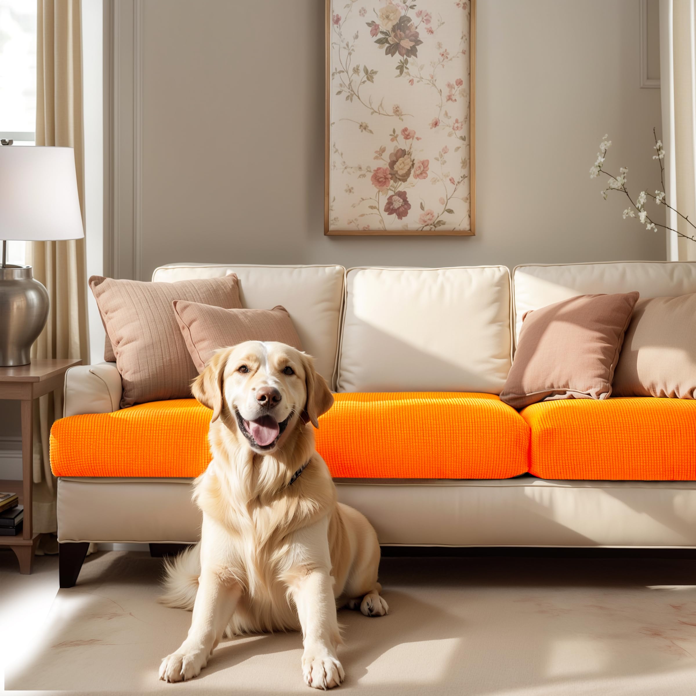 Stretch Cushion Covers 3-Pack - Elastic Sofa Slipcovers for Couch, Loveseat, RV & Chair - Spandex Furniture Protector in Orange - Perfect for Home, Office & Travel Use