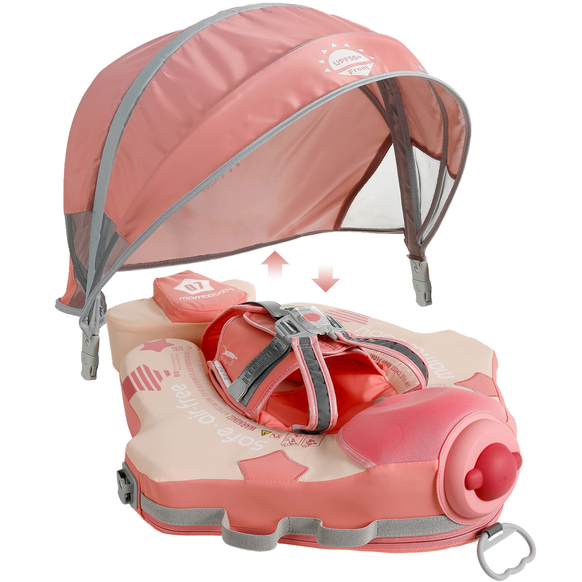 HECCEI Mambobaby Inflatable Airplane Baby Float with Adjustable Sun Canopy - Pink for Pool, Beach & Water Play | Safe Swimming Aid for Toddlers & Infants
