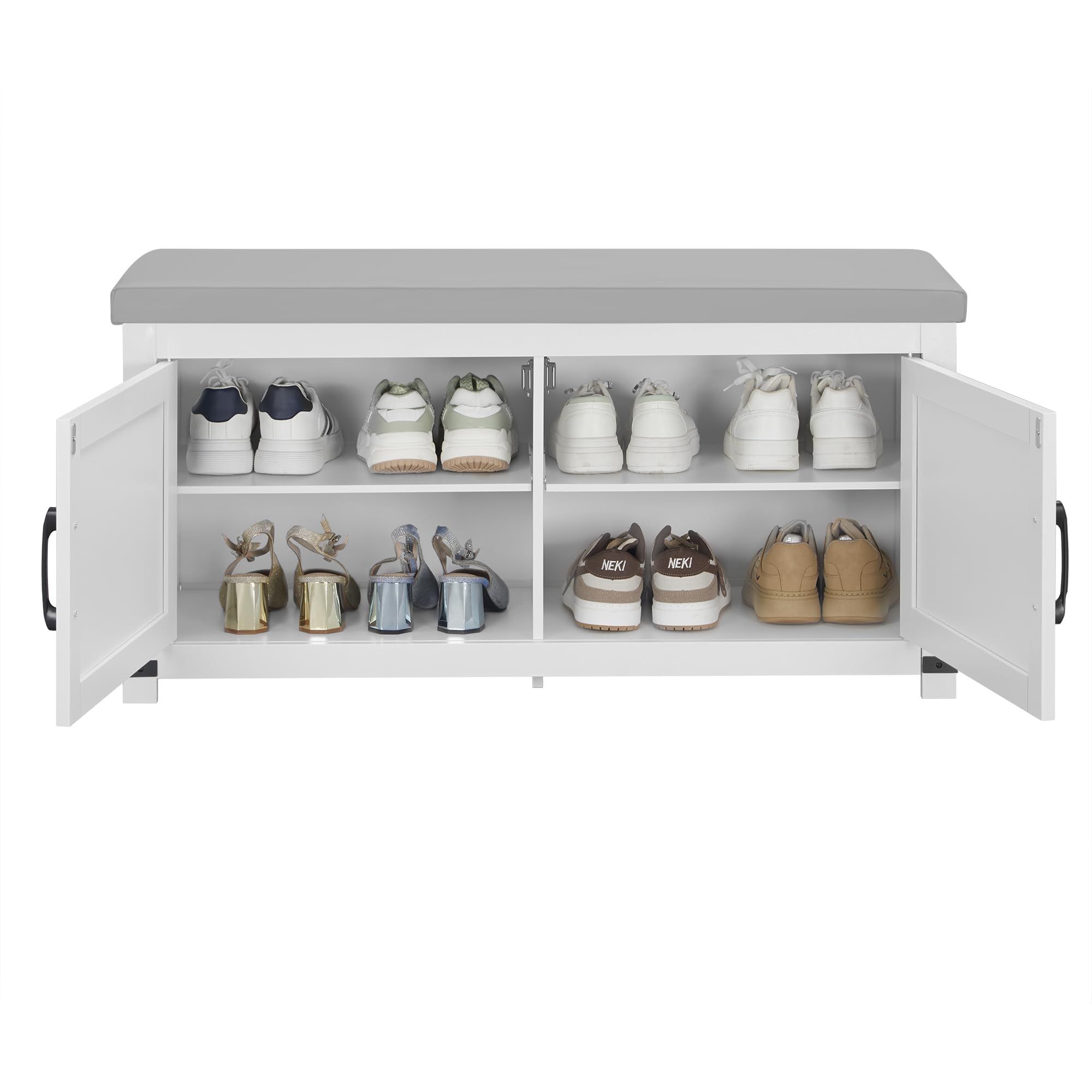Farmhouse Shoe Storage Bench with Padded Seat - 2 Tier Entryway Shoe Cabinet with Adjustable Shelf & Barn Doors - White Shoe Organizer for Living Room, Bedroom, Hallway - Perfect for Small Spaces & Home Decor (SB26603GY)