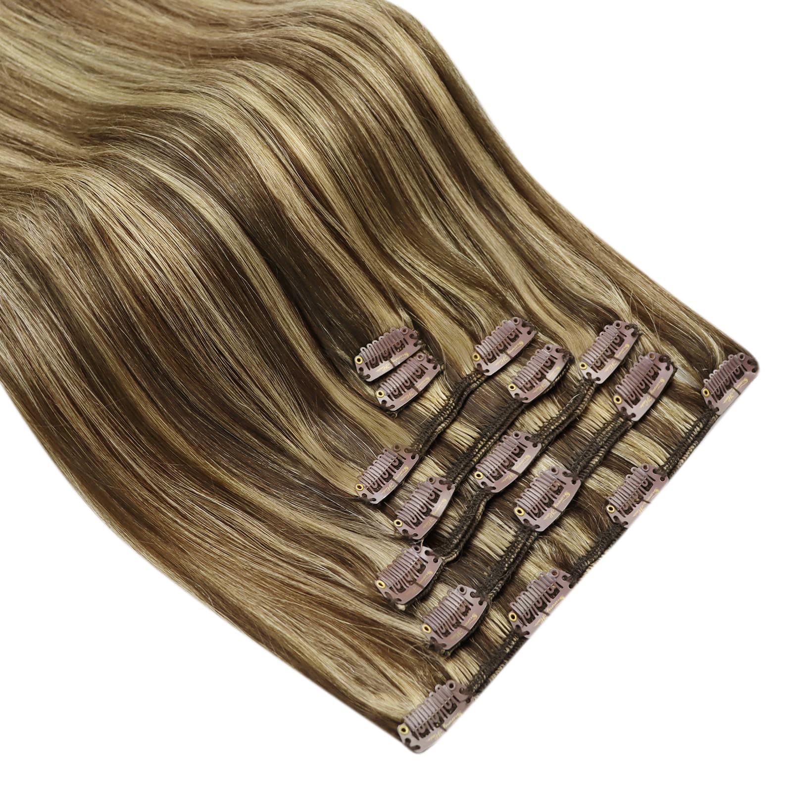 Ve Sunny 18inch Clip-in Human Hair Extensions - 7pcs 120g Dark Brown with Caramel Blonde Highlights | Real Human Hair for Volume & Length | Perfect for Parties, Weddings & Daily Styling