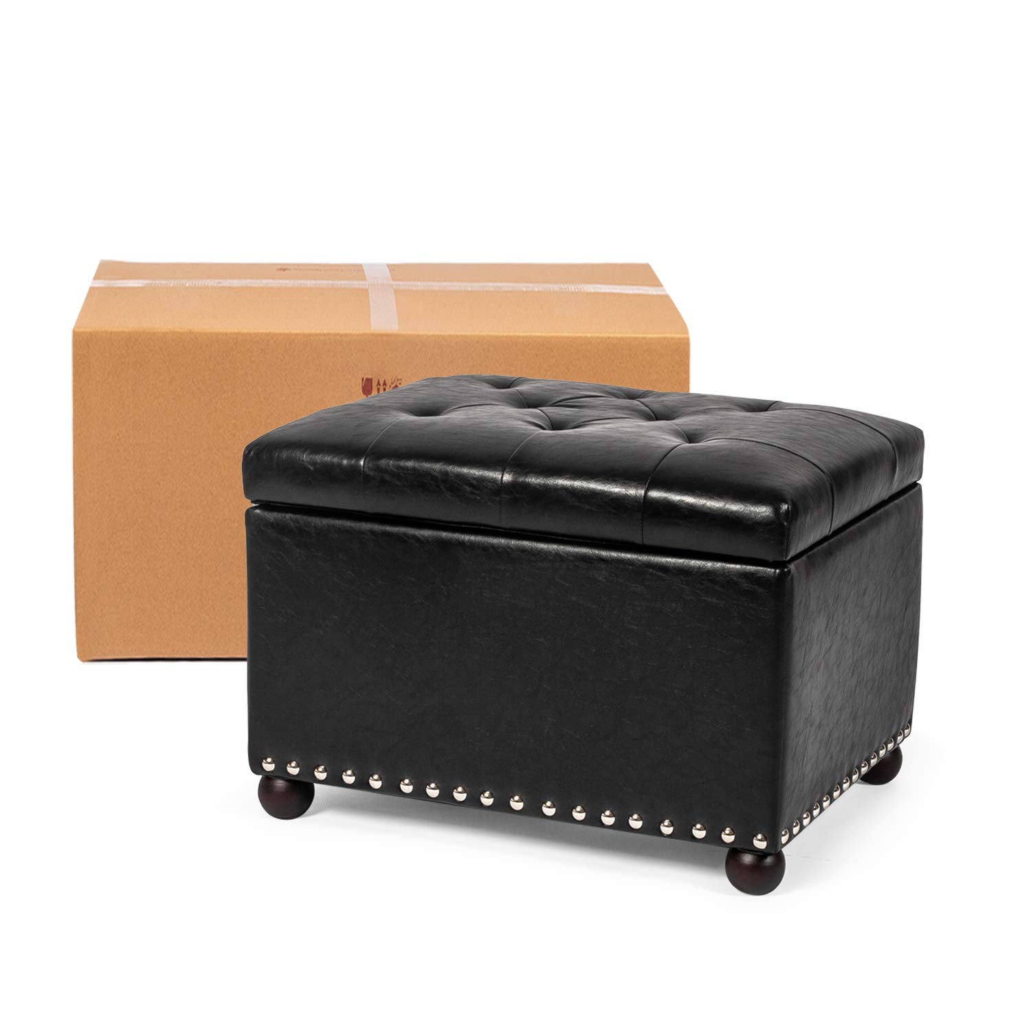 Black Rectangular Faux Leather Storage Ottoman with Nailhead Trim & Sturdy Wood Frame - Footrest, Coffee Table & Hidden Storage for Living Room, Bedroom or Office