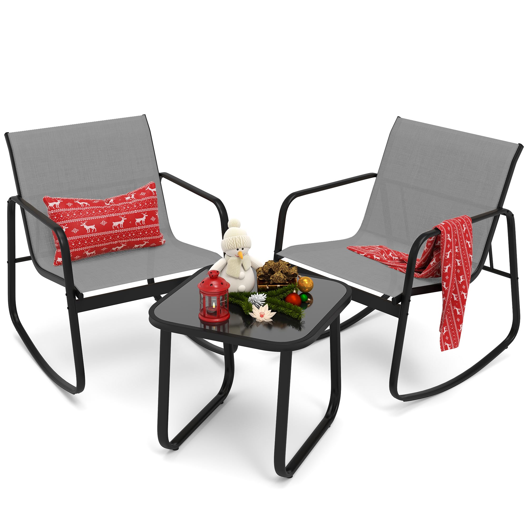 YITAHOME 3-Piece Patio Furniture Set - Small Outdoor Conversation Set with Textilene Fabric Bistro Rocking Chairs & Glass Table for Balcony, Backyard, Lawn, Porch, Garden, Poolside (Grey) - Perfect for Relaxing, Entertaining & Outdoor Dining