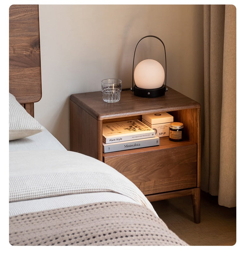 Premium Black Walnut & Ash Solid Wood Nightstand with Built-in Light - Modern Bedside Table for Bedroom Decor & Small Space Storage