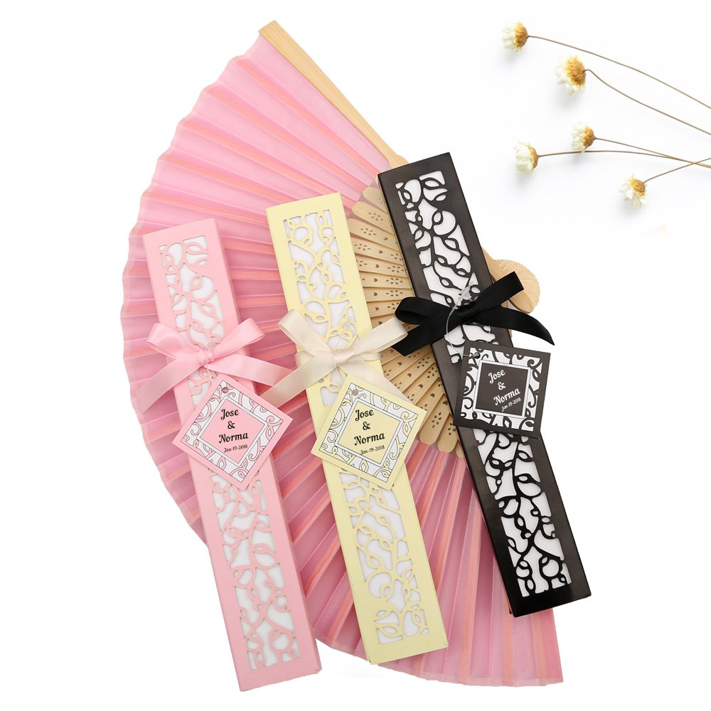 50pcs Black Silk Bamboo Handheld Folding Fans - Elegant Wedding Favors, Bridal Shower Gifts with Laser-Cut Gift Box - Perfect for Asian Weddings, Tea Ceremonies, Cultural Events & Summer Cooling Accessories
