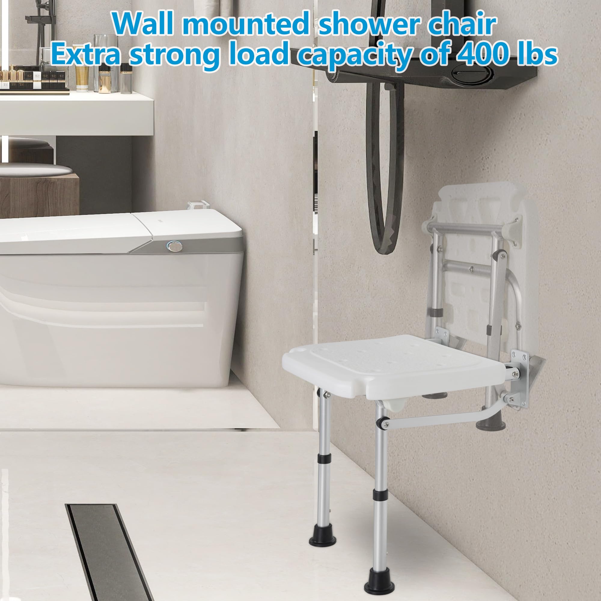 BQKOZFIN Adjustable Height Wall Mounted Folding Shower Seat - Foldable Shower Chair for Elderly & Disabled - Space Saving Bathroom Stool for Small Showers, Bathtubs & Tight Spaces - Ideal for Seniors Safety & Compact Bathroom Storage