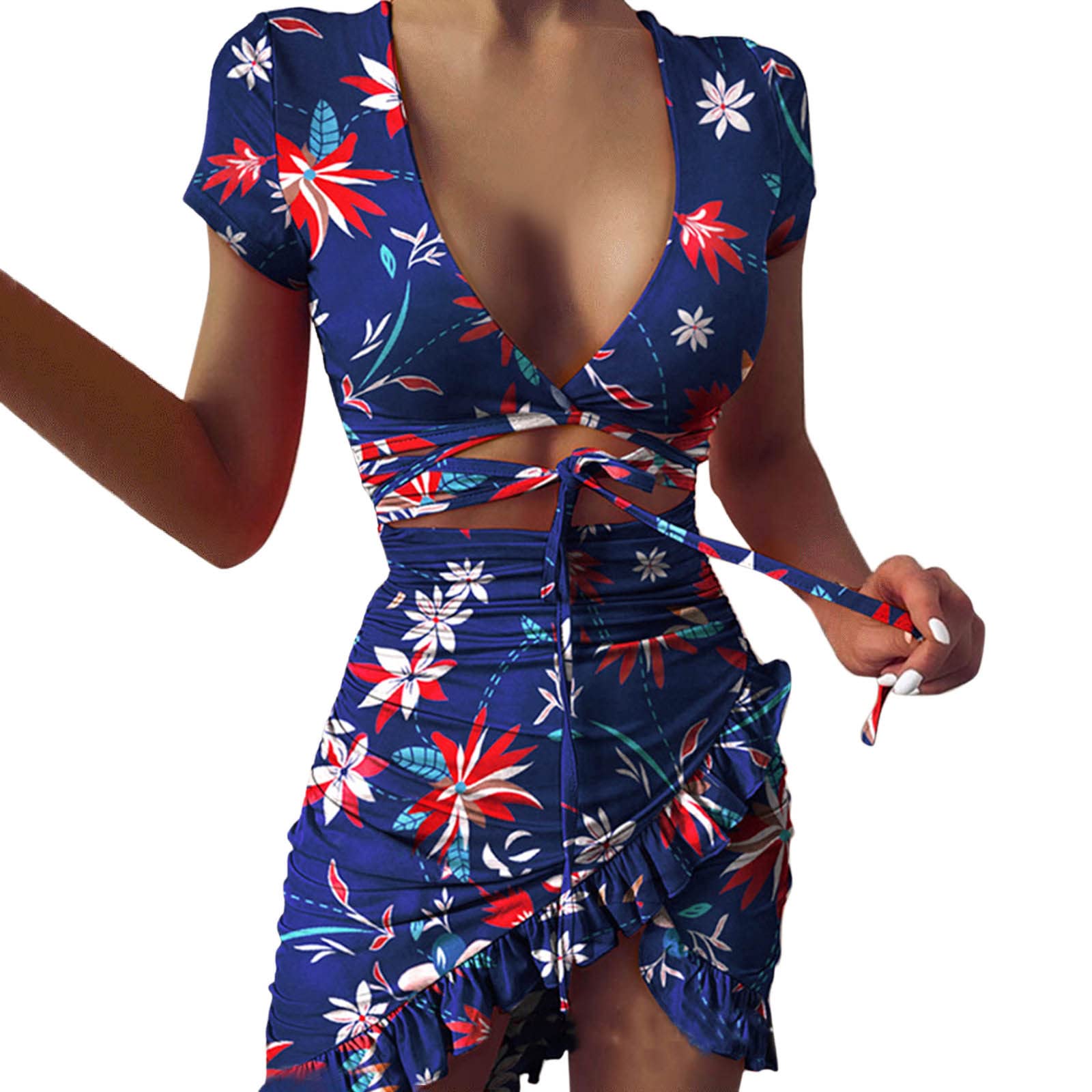 MOHuuan Women's Summer Floral Ruffle Dress - V-Neck, Slim Fit, Broken Edge Design for Beach & Vacation Wear | Perfect for Casual Outings, Parties & Date Nights