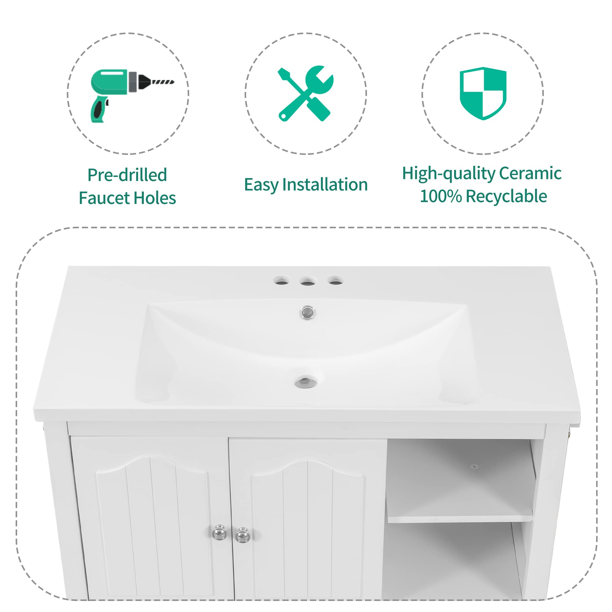 Merax 36 Inch Single Bathroom Vanity Top with White Ceramic Sink - 3 Faucet Holes, White Finish for Modern Bathroom Renovation | Perfect for Small Bathrooms, Powder Rooms & Guest Bath Installations