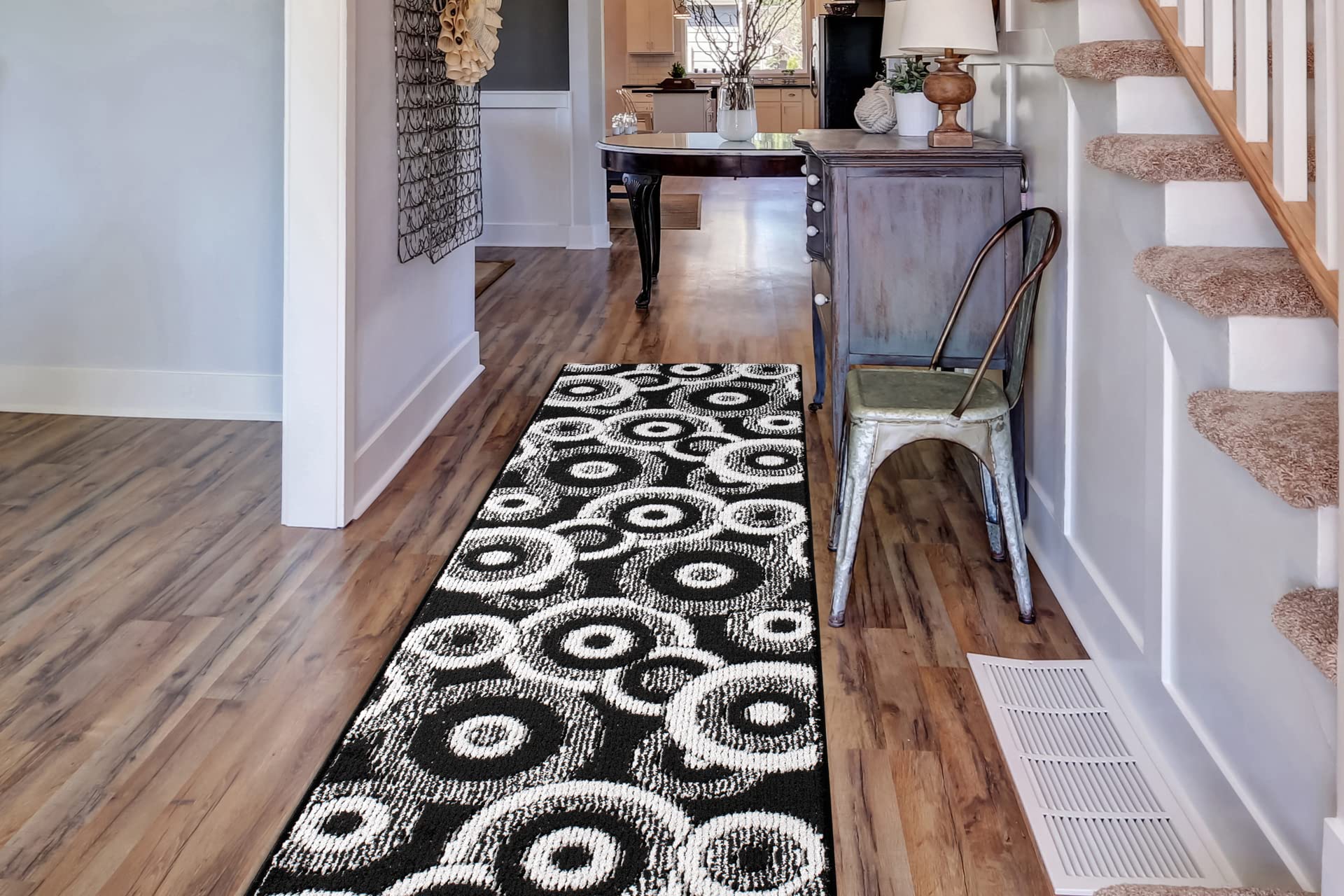 Non-Slip Rubber Backed Hallway Runner Rug - 12 ft Modern Geometric Black Carpet for Narrow Spaces | Pet-Friendly & Easy Care | Perfect for High-Traffic Areas, Entryways & Slippery Floors