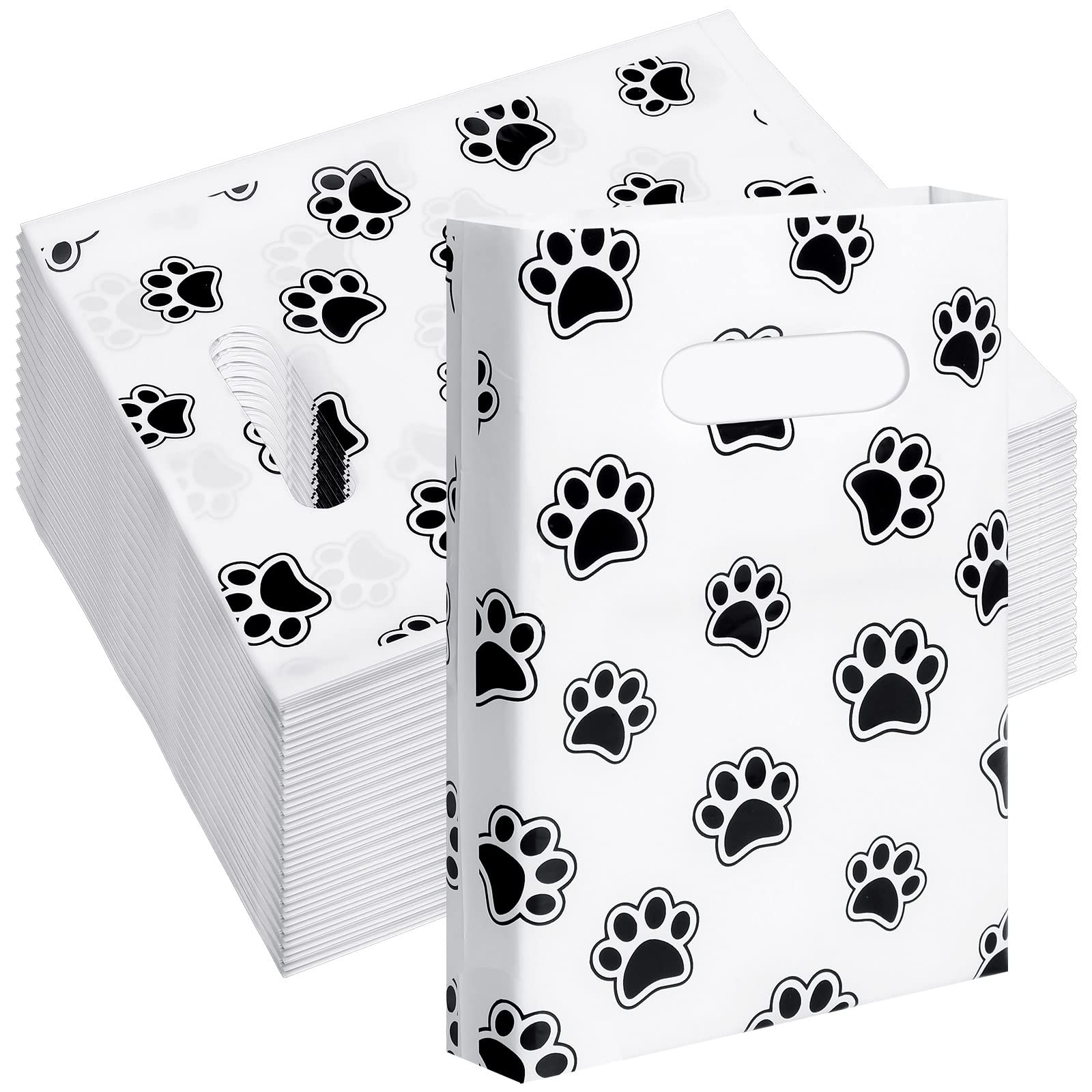 100 Pack Thick Plastic Puppy Paw Print Shopping Bags with Handles - 8x10 Inch Bulk Retail Merchandise Bags for Pet Stores, Christmas Gifts & Boutique Packaging | Durable & Eco-Friendly Pet-Themed Shopping Bags