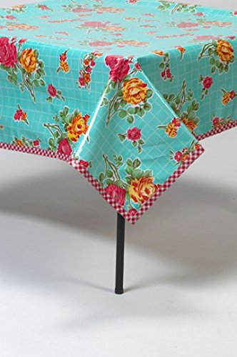 Rose and Grid Aqua Tablecloth with Red Gingham Trim - 48 x 48 Inch Waterproof Polyester Fabric for Outdoor Picnics, Parties, and Dining Decor