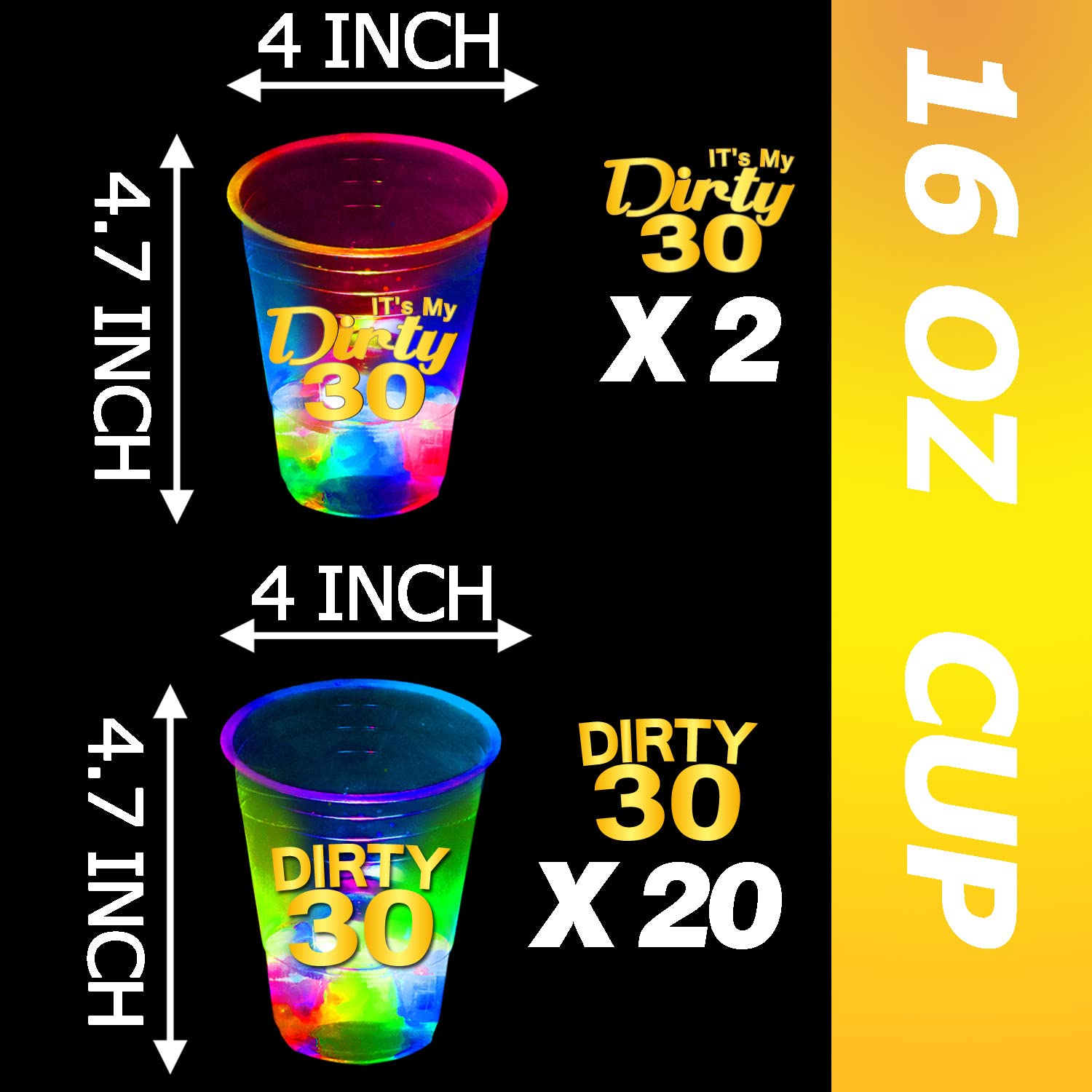 24 Pack Glow in The Dark Dirty 30 Birthday Party Cups - 16oz Light Up Flashing Cups for 30th Birthday Decorations, Night Events & Party Favors - Perfect for Adult Birthday Parties, Bachelorette Events & Glow Themed Celebrations