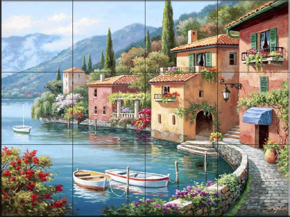Villagio Dal Lago Ceramic Backsplash Tile Mural - Tuscan Italian Countryside Scene for Kitchen & Bathroom Decor - Handcrafted Tuscany Theme Wall Art by Sung Kim | Perfect for Farmhouse, Mediterranean & Vintage Style Homes