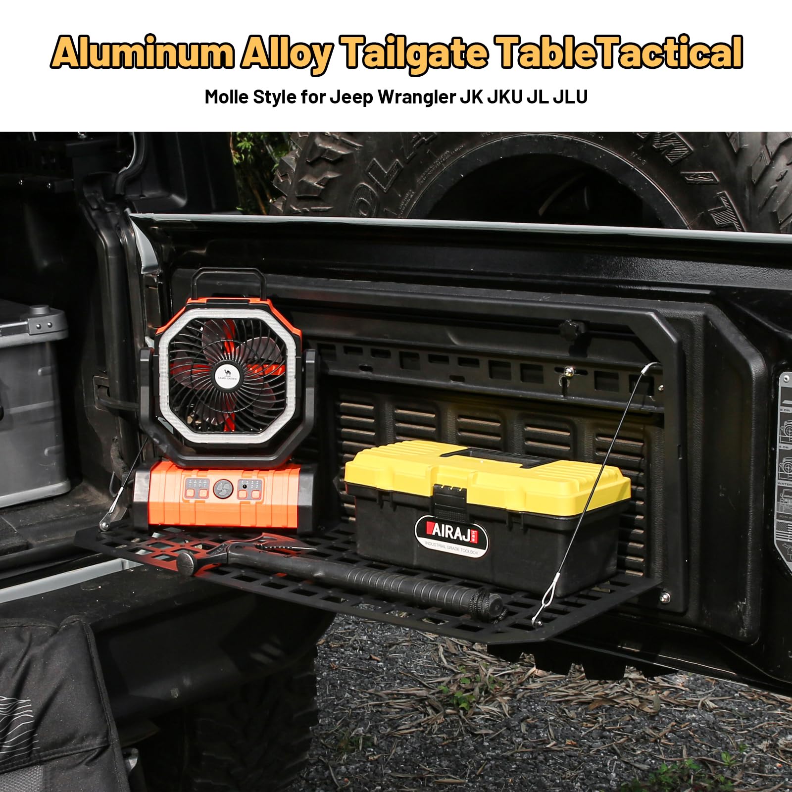 Foldable Tailgate Table & MOLLE Panel Storage Rack for 2017-2024 Jeep Wrangler JKU/JL/JLU - Rear Cargo Organizer with 3 Storage Bags (Not Compatible with Low Speaker JK Models) - Perfect for Camping, Off-Roading & Outdoor Adventures