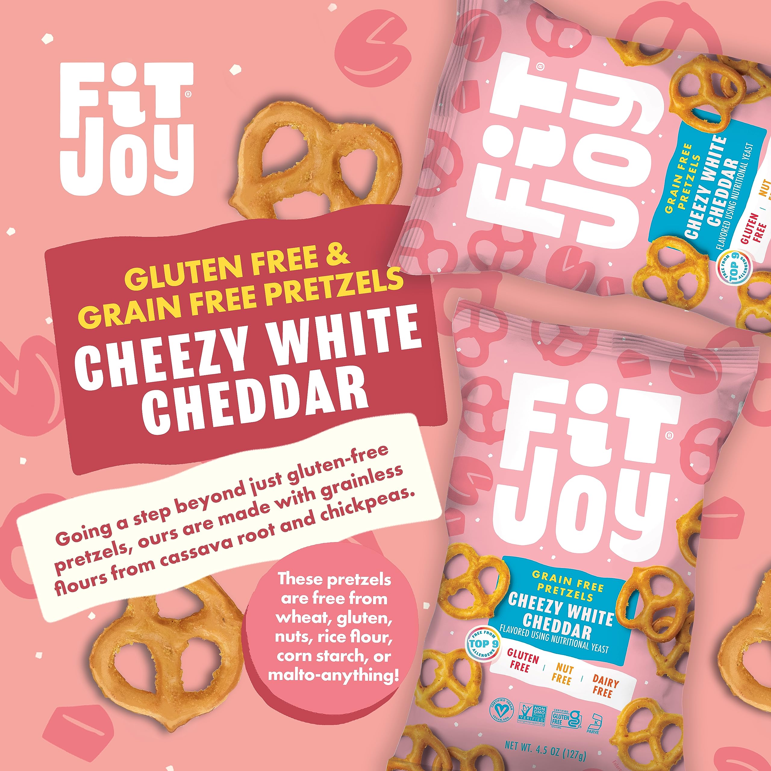 FitJoy Gluten Free Pretzels - White Cheddar Twists, Grain Free, Non-GMO, Vegan Certified Snacks (4.5 Oz, 6 Pack) | Crunchy USA-Made Pretzel Sticks for School Lunches, Movie Nights & Healthy On-the-Go Snacking