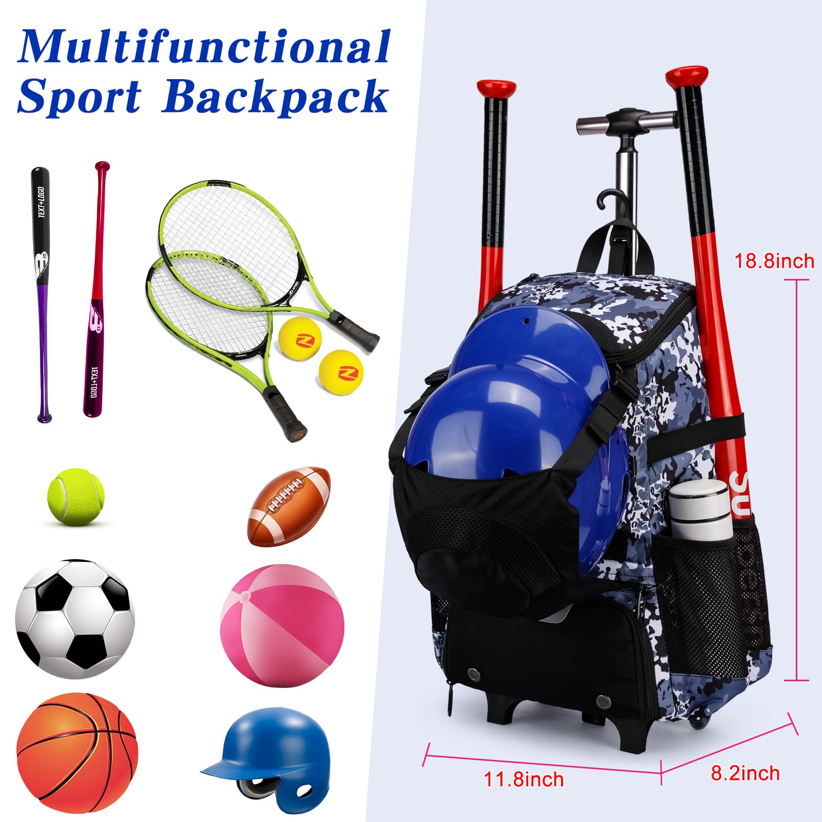 **Wheeled Baseball Bag for Adults - Rolling Softball Bag with Fence Hook, Bat & Helmet Compartment, Shoe Storage - Perfect for Teeball, Batting Practice & Travel**