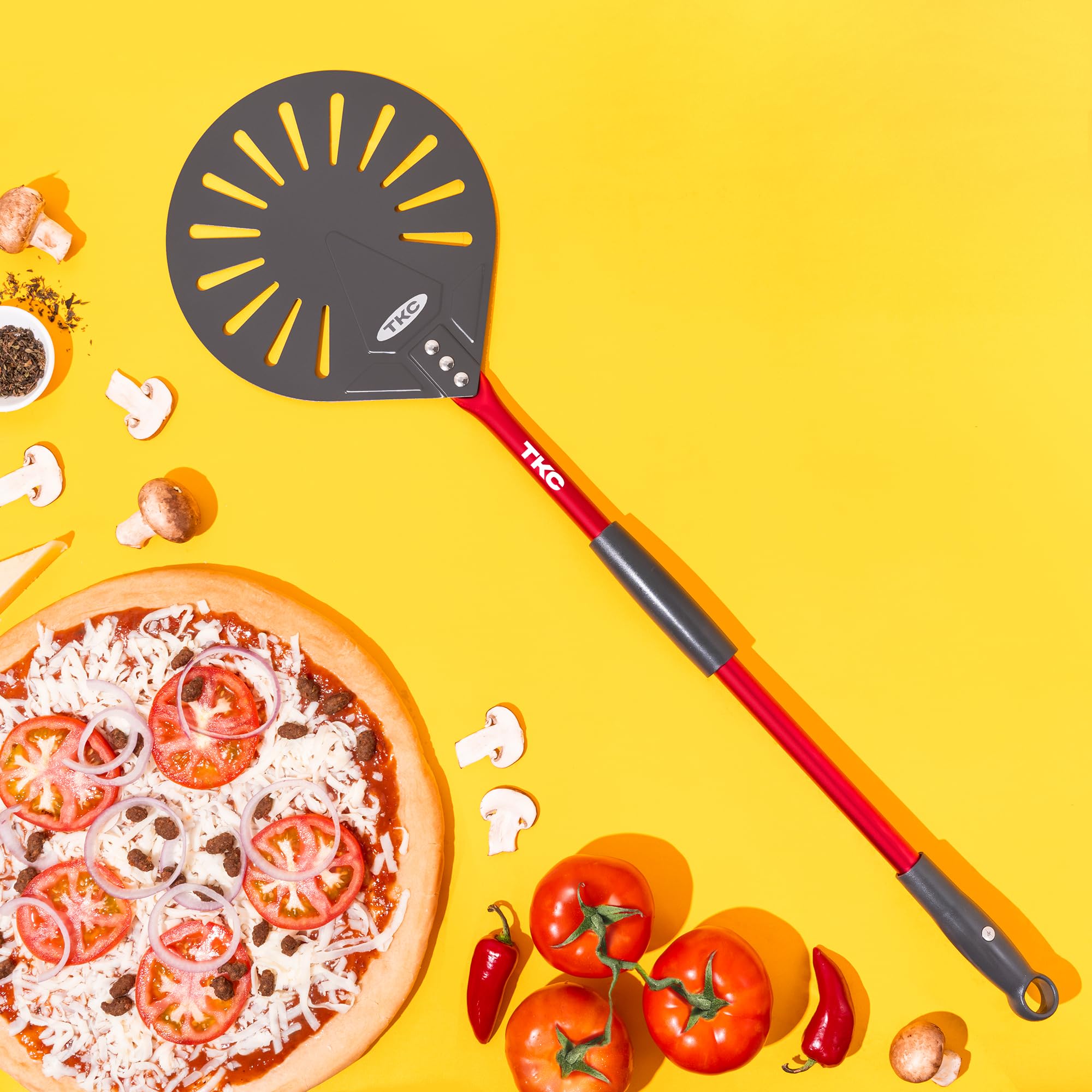 TKC 9-Inch Perforated Aluminum Pizza Peel - Professional Non-Stick Pizza Turner with Long Metal Handle - Lightweight Pizza Oven Accessory for Ooni & Outdoor Pizza Ovens - Perfect for Home Kitchens, Restaurants & Backyard BBQ Parties