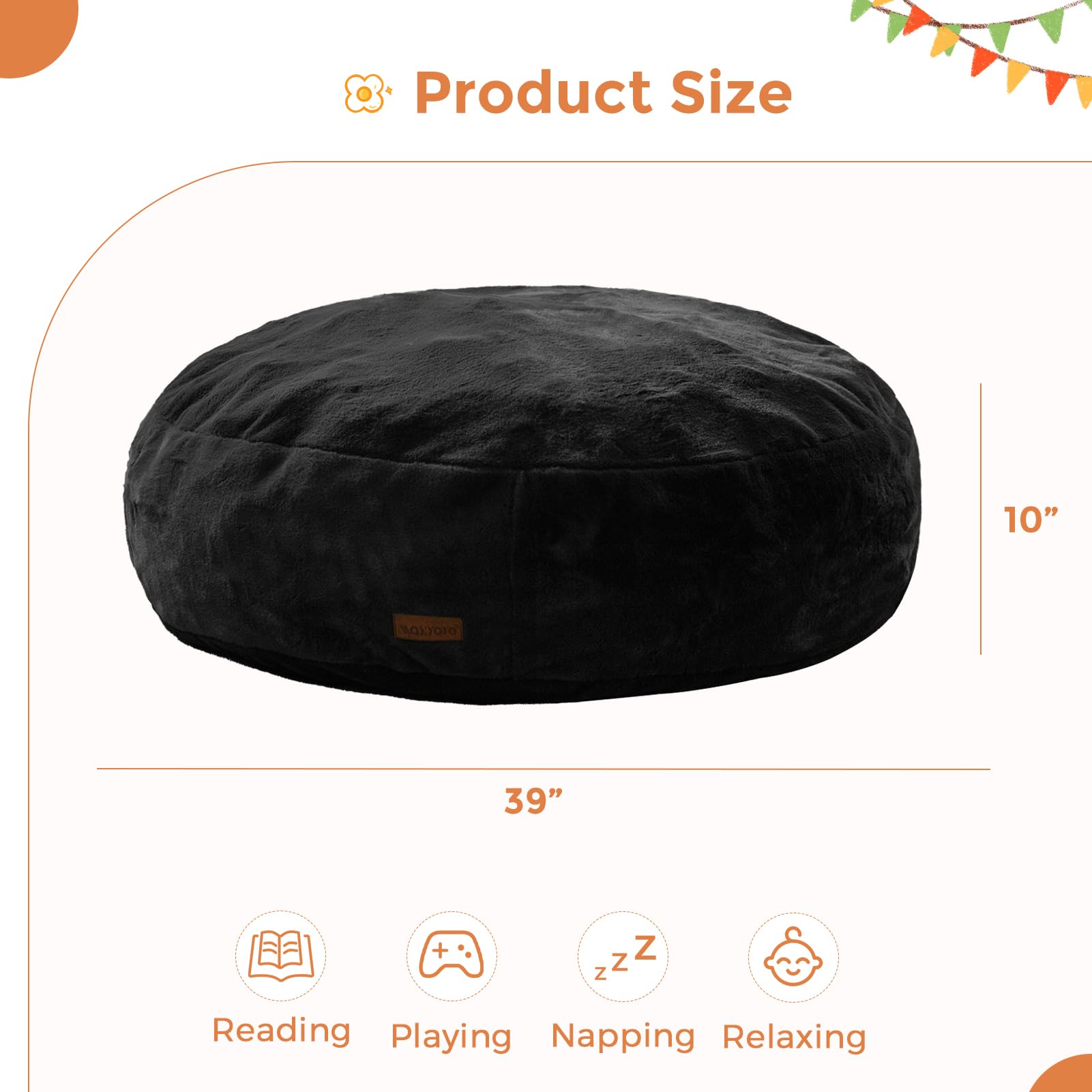 MAXYOYO 3-in-1 Kids Bean Bag Chair Bed - Convertible Faux Fur Floor Sofa for Children's Room, Gaming & Reading Nook - Soft Round Lounge Chair (Black) | Perfect for Playrooms, Bedrooms & Dorm Relaxation