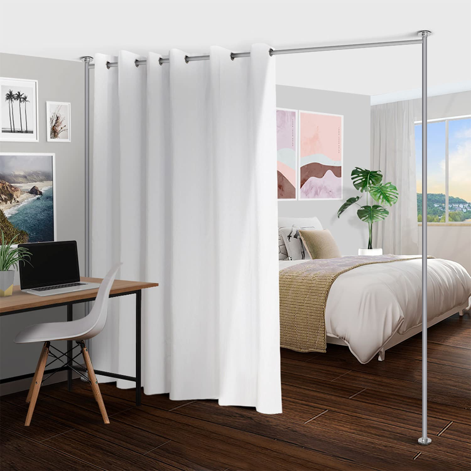 Zenfinit Freestanding Room Divider Curtain Stand - Adjustable 4ft to 6ft 8in Wide Silver Tension Rod for Bedroom, Office & Studio Privacy Partition - Perfect for Home Decor, Space Division and Temporary Walls