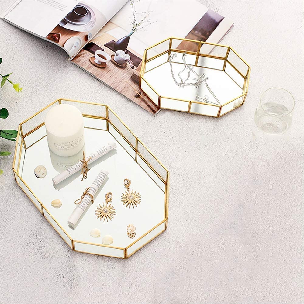 Decorative Gold Leaf Metal Mirror Vanity Tray - 12.4x8.5x2 Inch Jewelry Organizer & Dresser Catchall - Elegant Polygon Design for Jewelry Display, Makeup Storage & Home Decor - Perfect for Bedroom, Bathroom & Entryway Organization