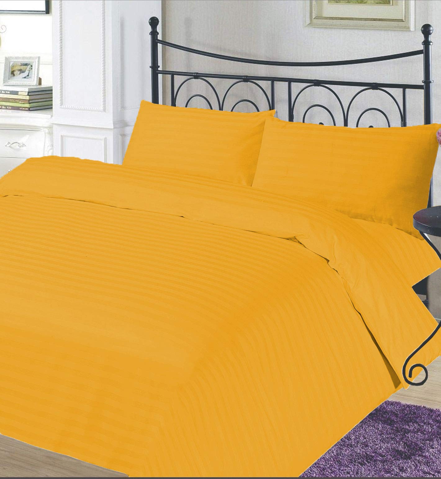 3 Piece King Size Horizontal Stripe Duvet Cover Set - 100% Egyptian Cotton 500 Thread Count Luxury Bedding in Gold | Perfect for Master Bedrooms, Guest Rooms & Coastal Home Decor