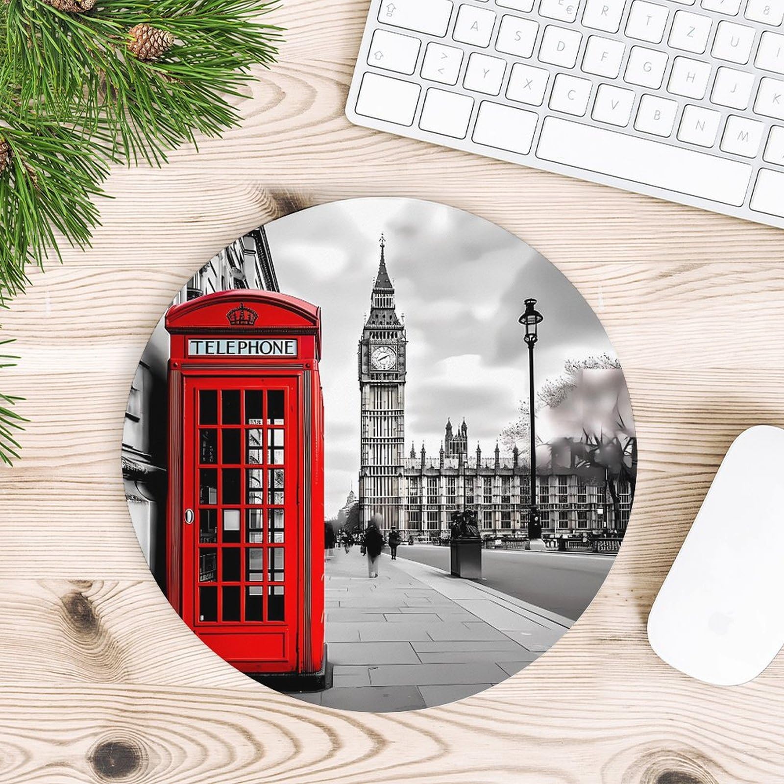 London Telephone Booth & Big Ben Themed Round Mouse Pad - Non-Slip Rubber Base for Office, Home, Gaming - Perfect for UK Enthusiasts & Desktop Decor
