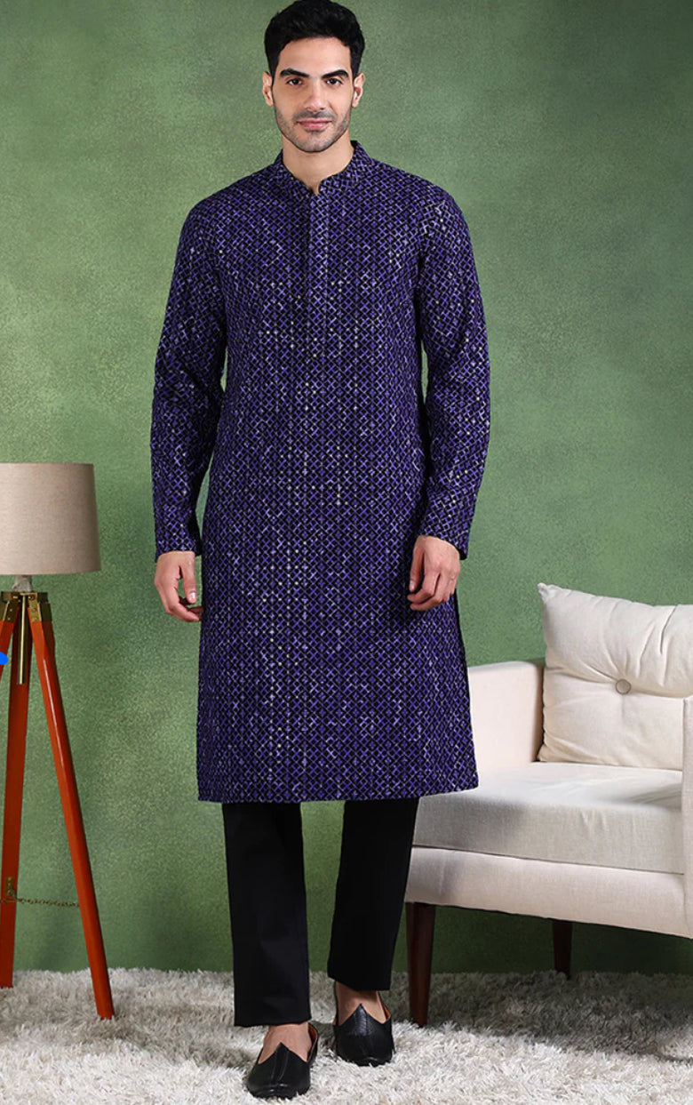 Blue Viscose Rayon Embroidered Straight Kurta for Men - Traditional Ethnic Motif Design - Perfect for Festivals, Weddings & Cultural Events