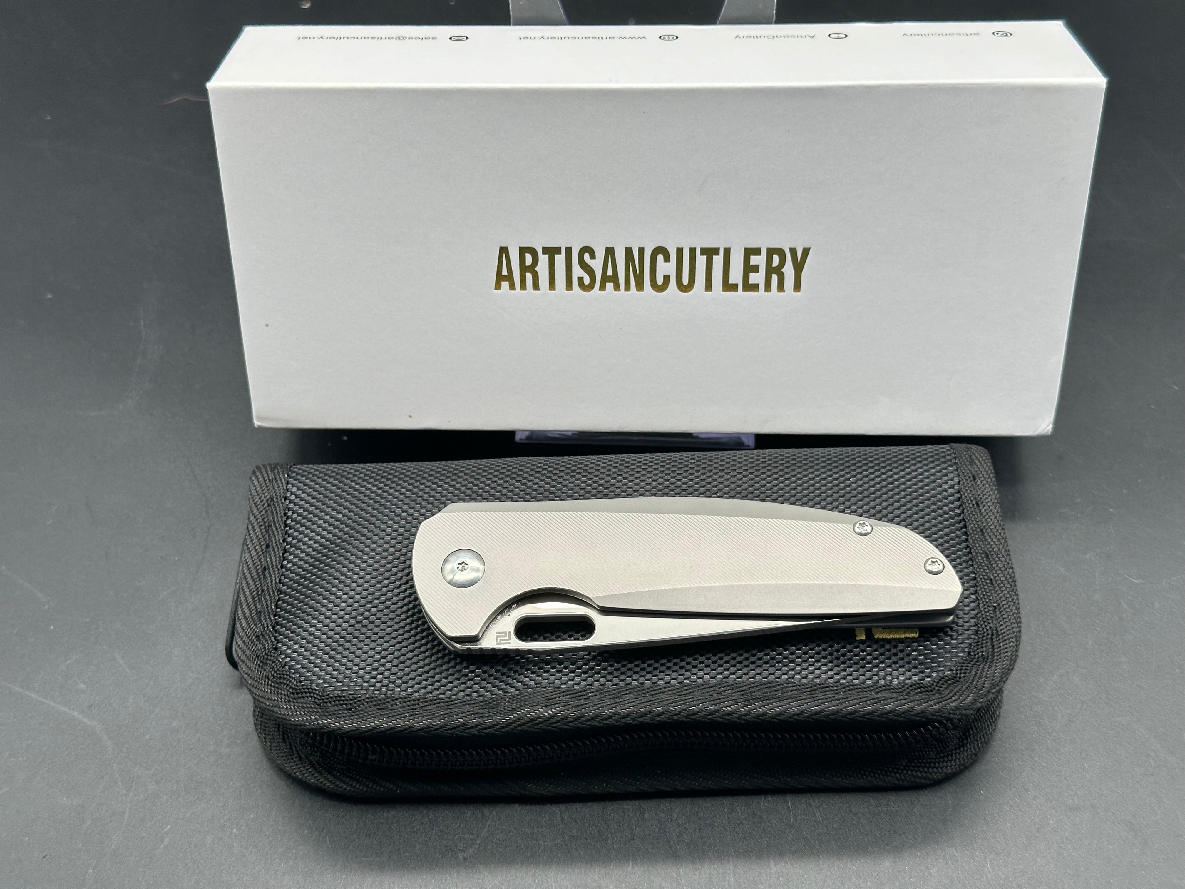 Artisan Cutlery Satyr Folding Knife - Gray Titanium Handle, S90V Steel, Drop Point Plain Edge - Perfect for Camping, Hiking & Everyday Carry (EDC)
