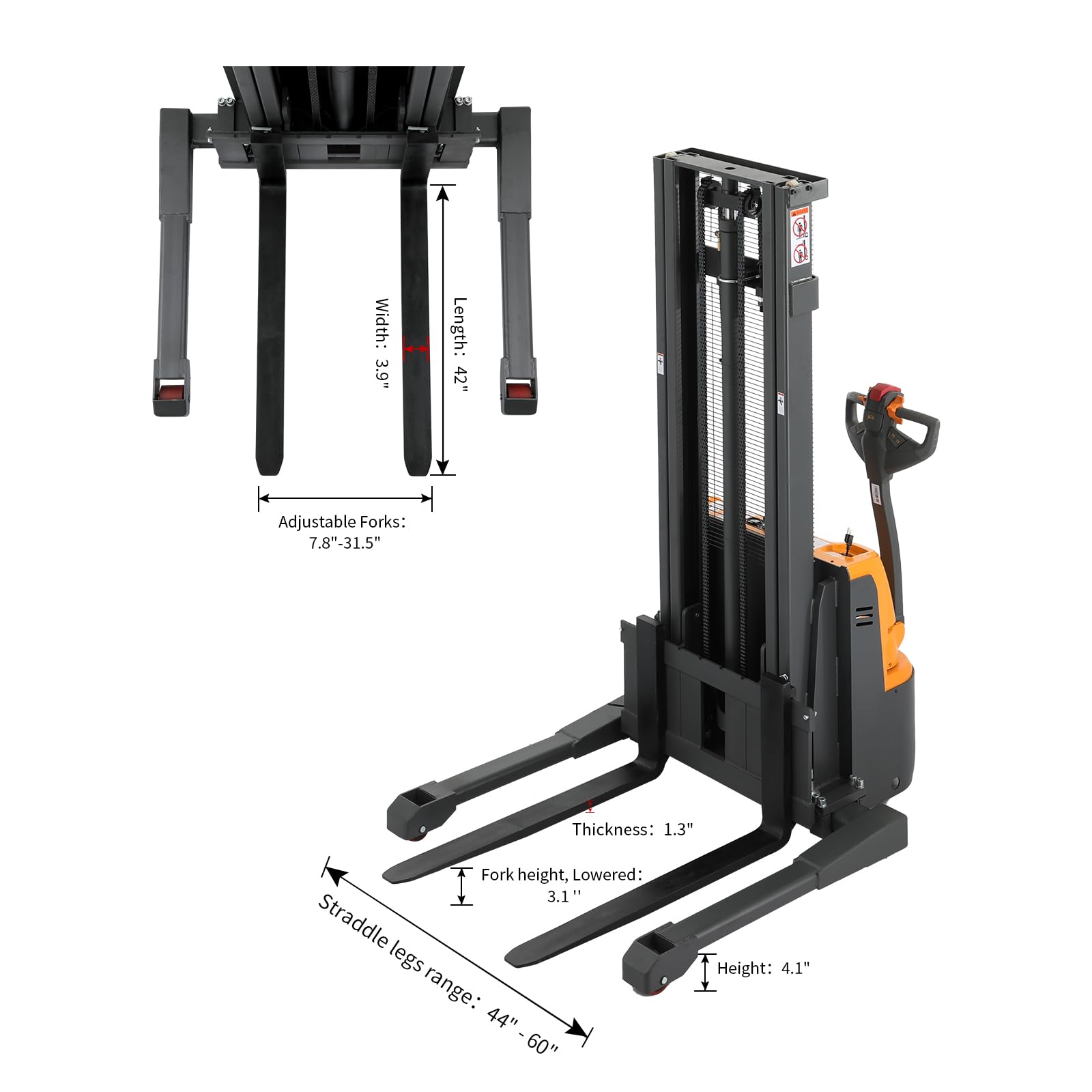 APOLLO 3300lbs Electric Stacker Forklift - Adjustable Forks & Legs, 98'' Lifting Height - Narrow Space Warehouse & Factory Material Lifter | Ideal for Pallet Handling, Loading Docks & Tight Storage Areas
