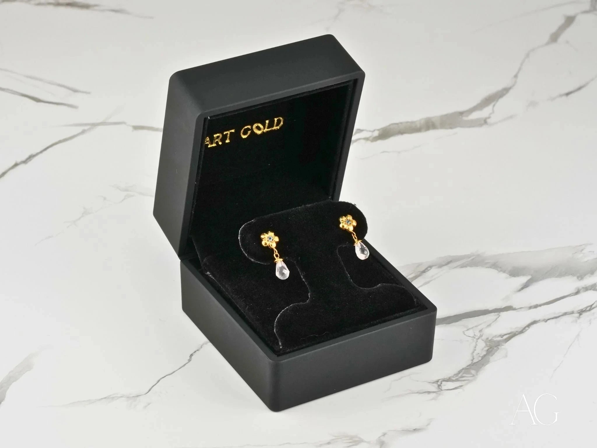 18K Gold Flower CZ & Crystal Drop Earrings - Elegant Petal Drops for Women | Perfect for Weddings, Parties & Special Occasions
