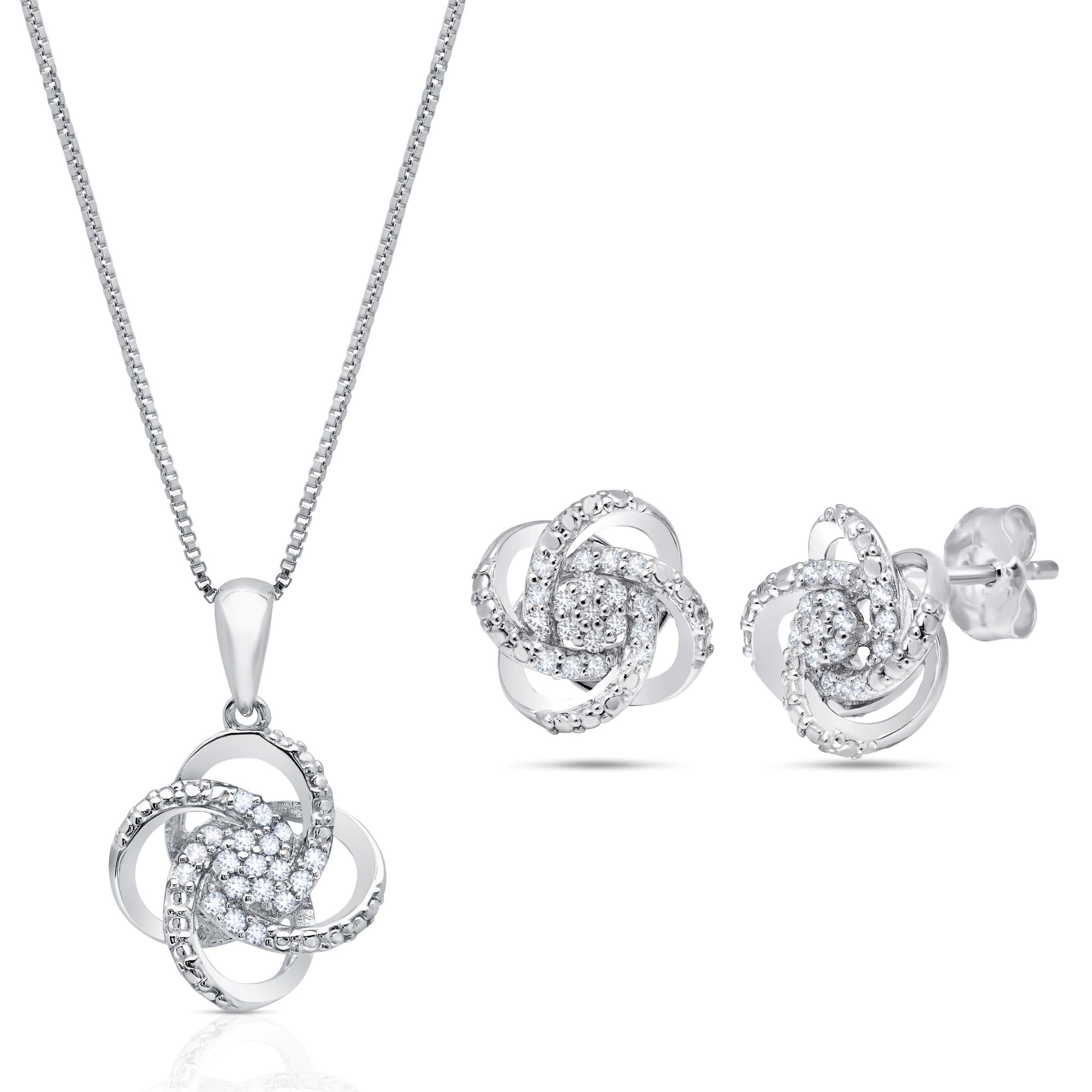 MAX & STONE 1/4 Carat Natural Diamond Love Knot Stud Earrings & Pendant Necklace Set for Women - 925 Sterling Silver Jewelry (I2-I3 Clarity, 0.25 ct.tw) - Perfect for Valentine's Day, Anniversary & Romantic Gifts