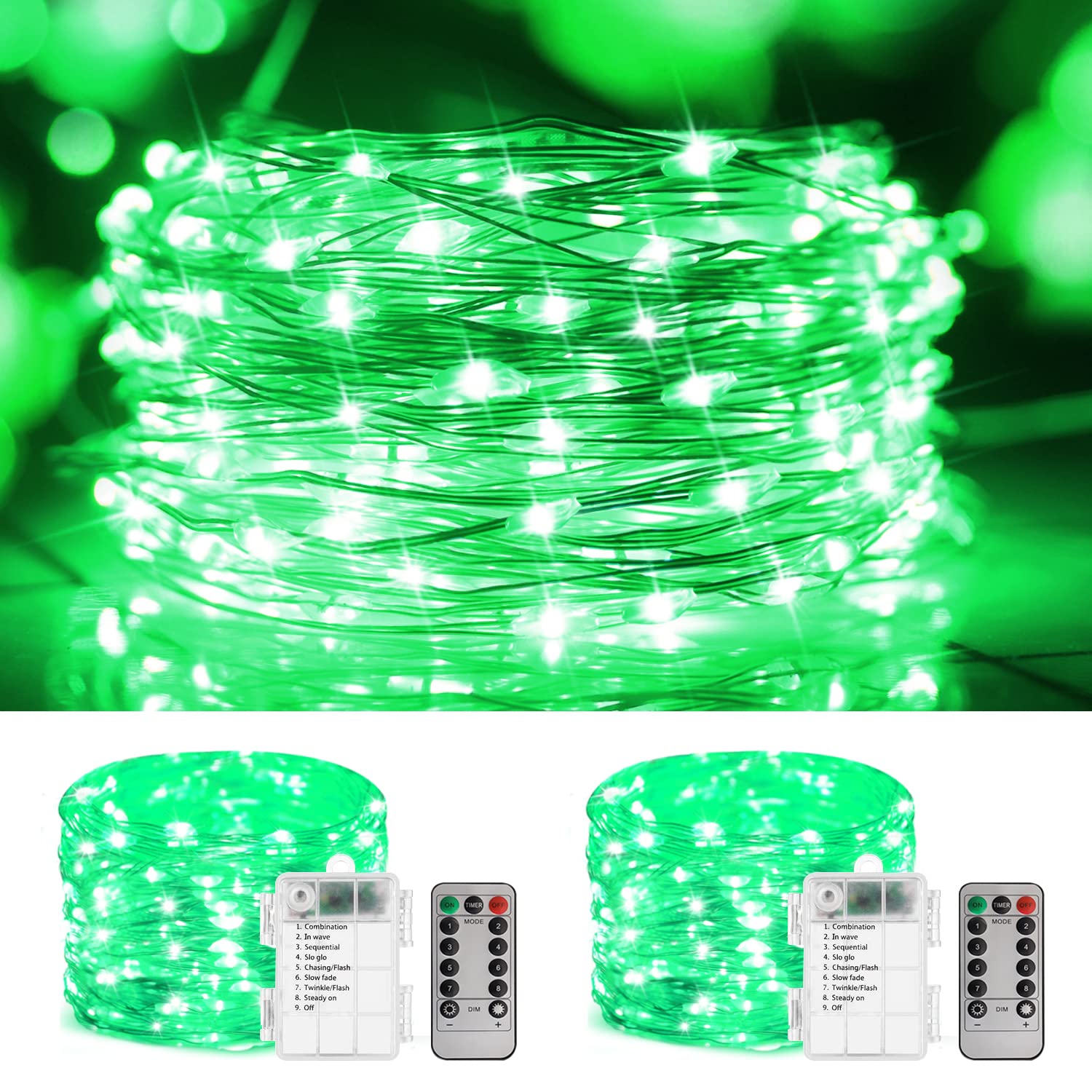 2 Pack 100LED Green Fairy String Lights with Remote - Battery Operated Twinkle Lights for Christmas, St. Patrick's Day, Home, Bedroom, Garden & Patio Decor | Perfect for Outdoor Parties, Weddings & Cozy Ambiance