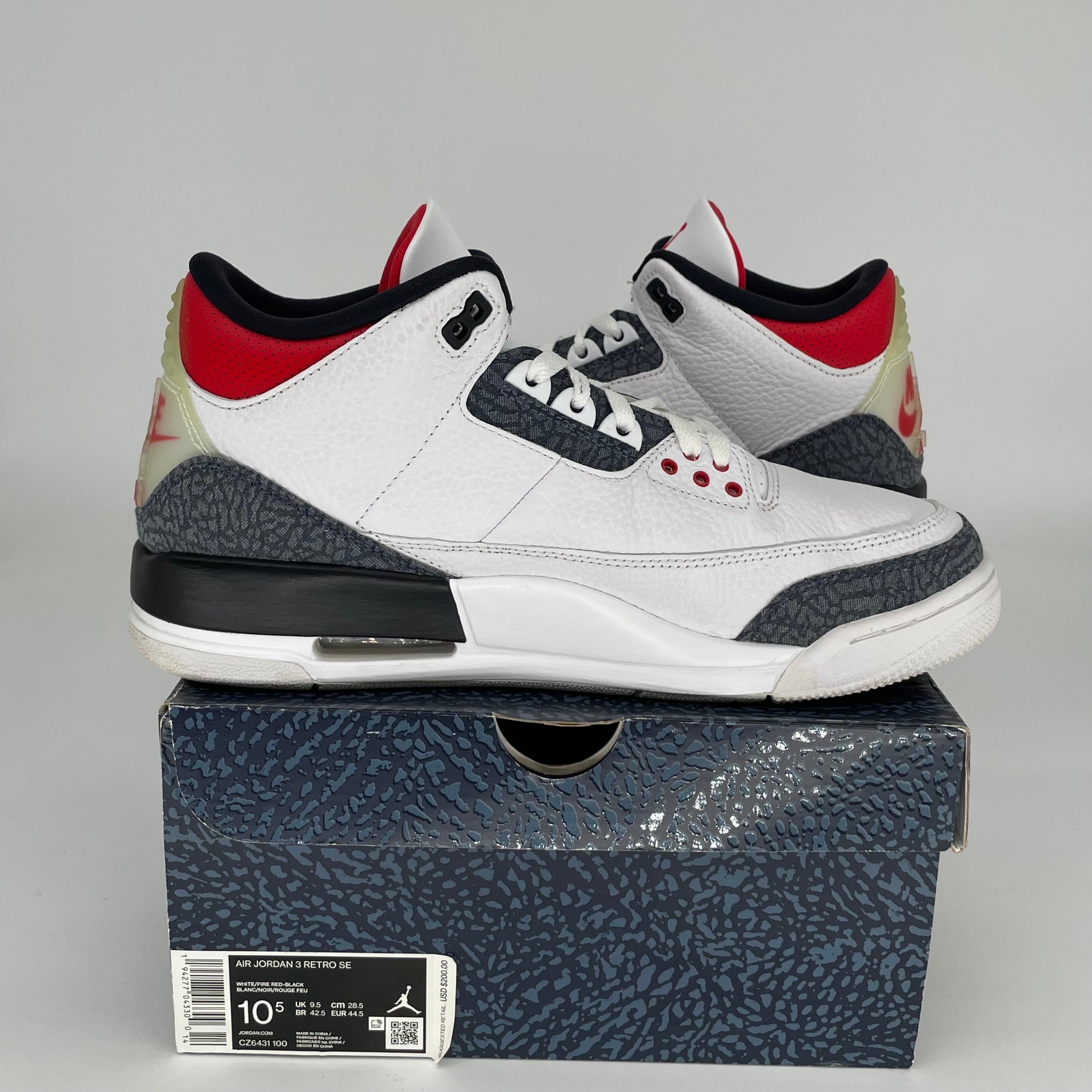 AIR JORDAN 3 Retro Fire Red Denim Sneakers - Men's Size 10.5 (CZ6431-100) | Authentic Basketball Shoes for Streetwear & Casual Outfits