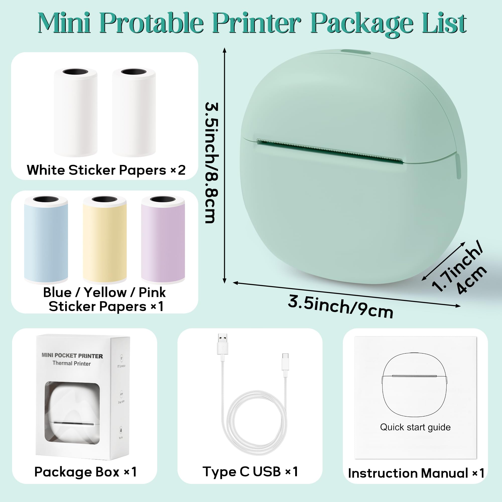 Mini Thermal Sticker Printer - Portable Bluetooth Photo Printer for iOS & Android | Wireless Label Maker with 5 Sticker Rolls | Inkless Pocket Printer for Notes, Memos & Receipts | Perfect for Home, Office & Small Business Organization (Green)