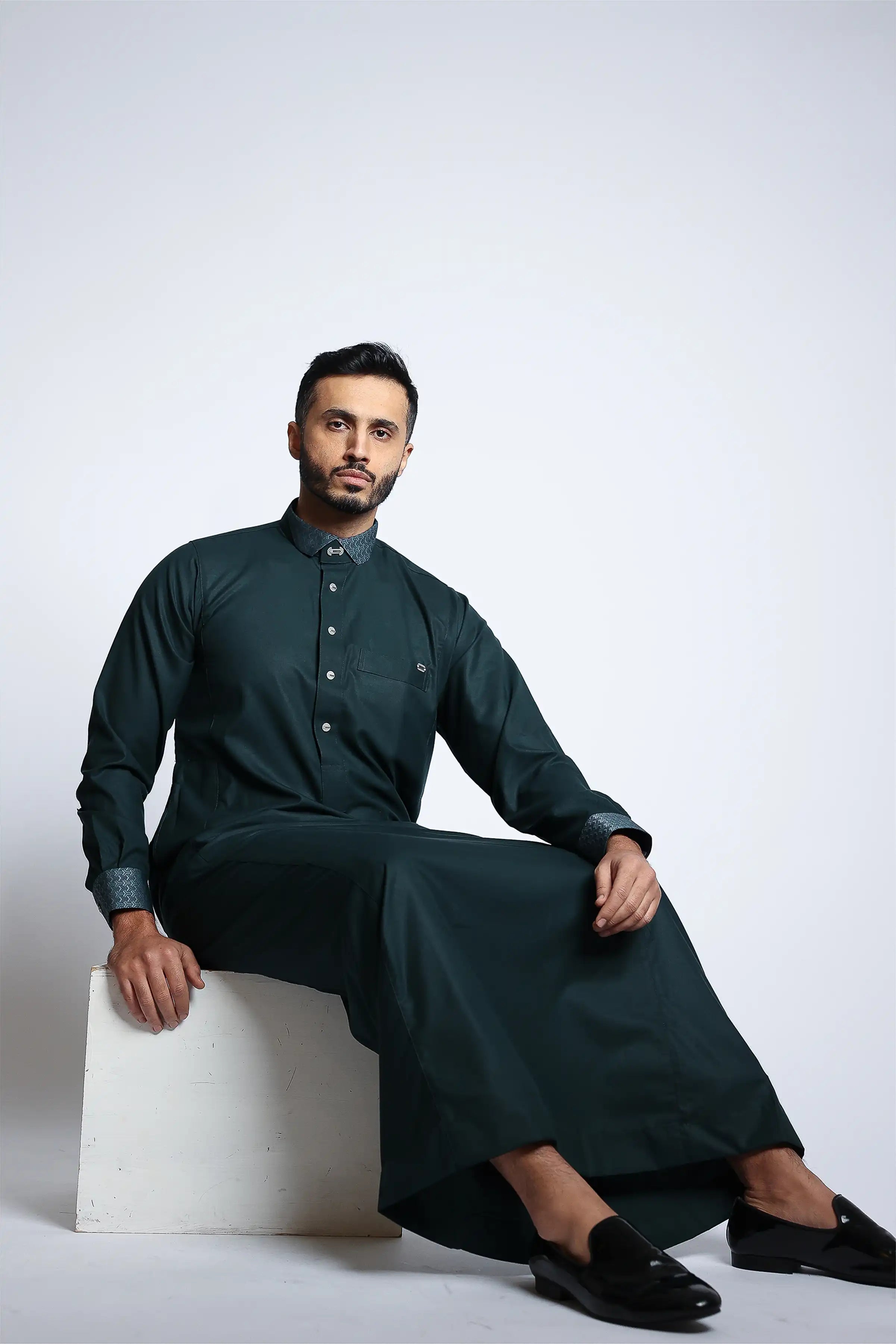 J153 Storm Green Cutaway Thobe - Premium Islamic Robe for Men | Comfortable & Stylish Prayer Dress for Mosque, Eid, and Daily Wear