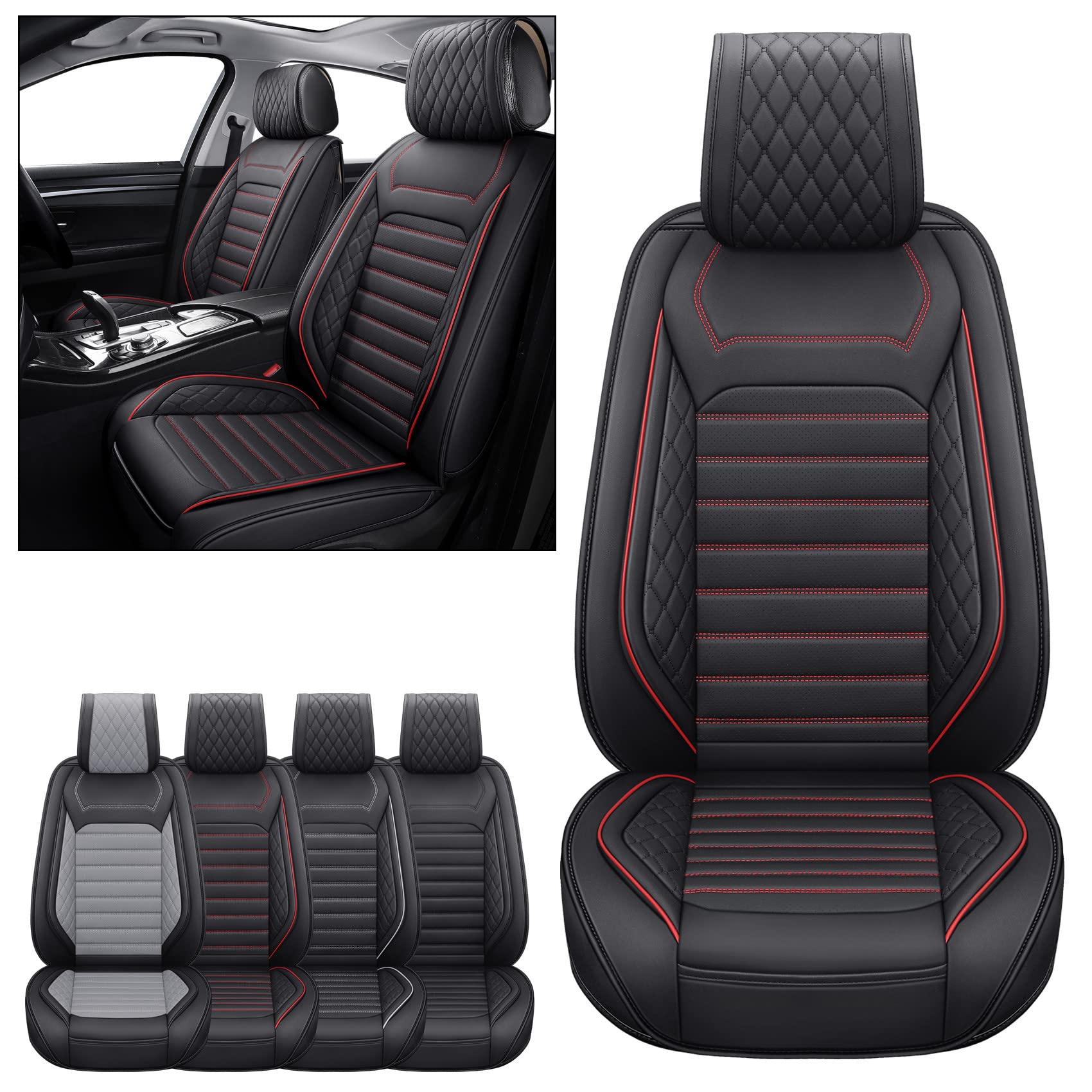 Universal Fit Front Seat Covers for Nissan Rogue, Murano, Maxima, Pathfinder | Kia Soul, Forte, Sorento, Optima | Honda, Hyundai, Buick, Mazda, Volvo | Leather Protector (2PCS, Black-Red) - Premium Car Seat Protection for Daily Commute & Road Trips