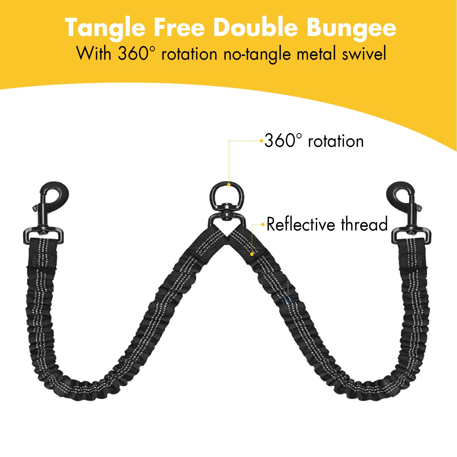 BAOBOTE Double Dog Leash - Shock Absorbing Bungee Reflective No Tangle Leash for Two Dogs with 360° Swivel (Black) | Perfect for Walking, Running & Outdoor Adventures with Your Pets