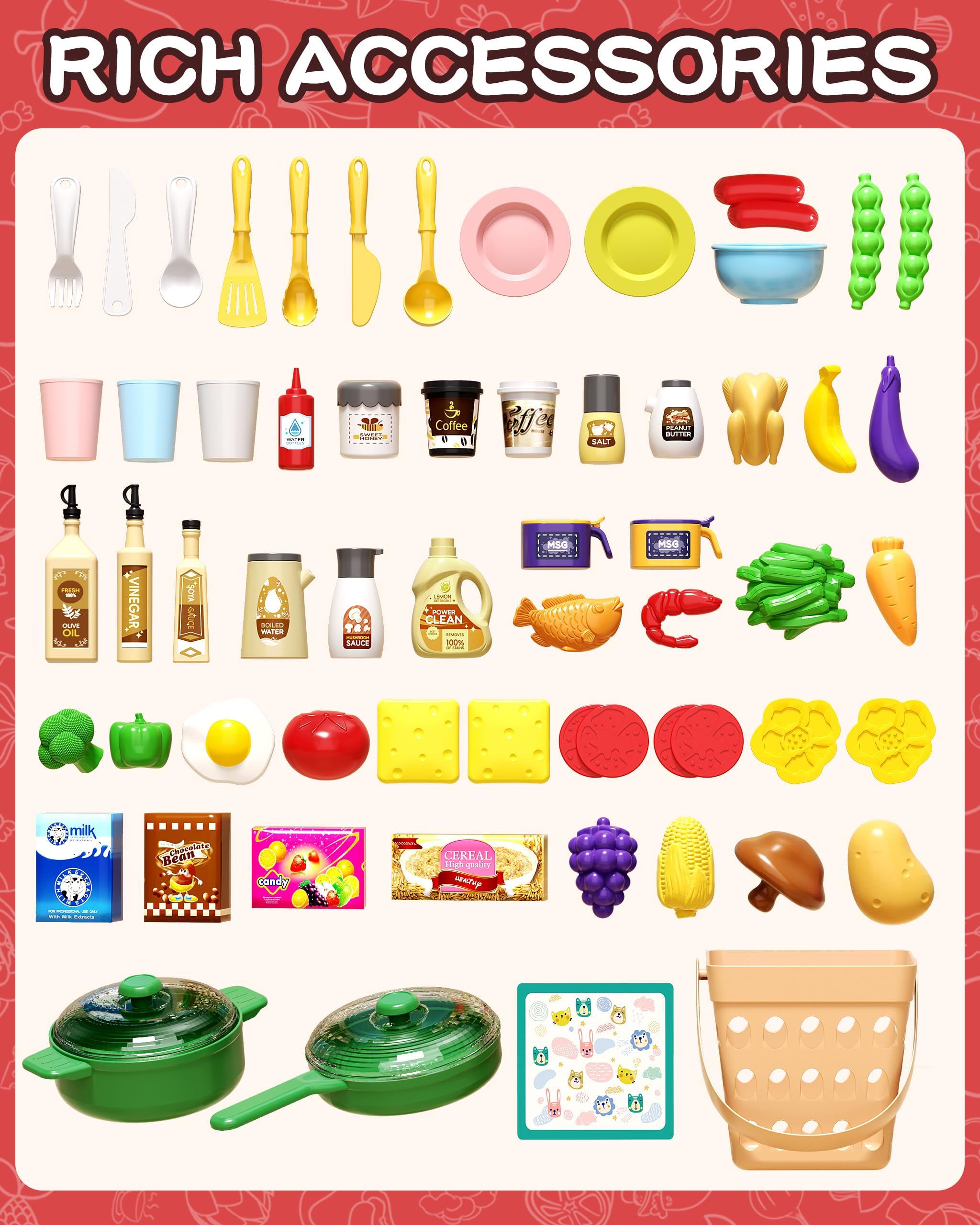 70PCS Kids Pretend Play Kitchen Set with Sound & Light - 33.8