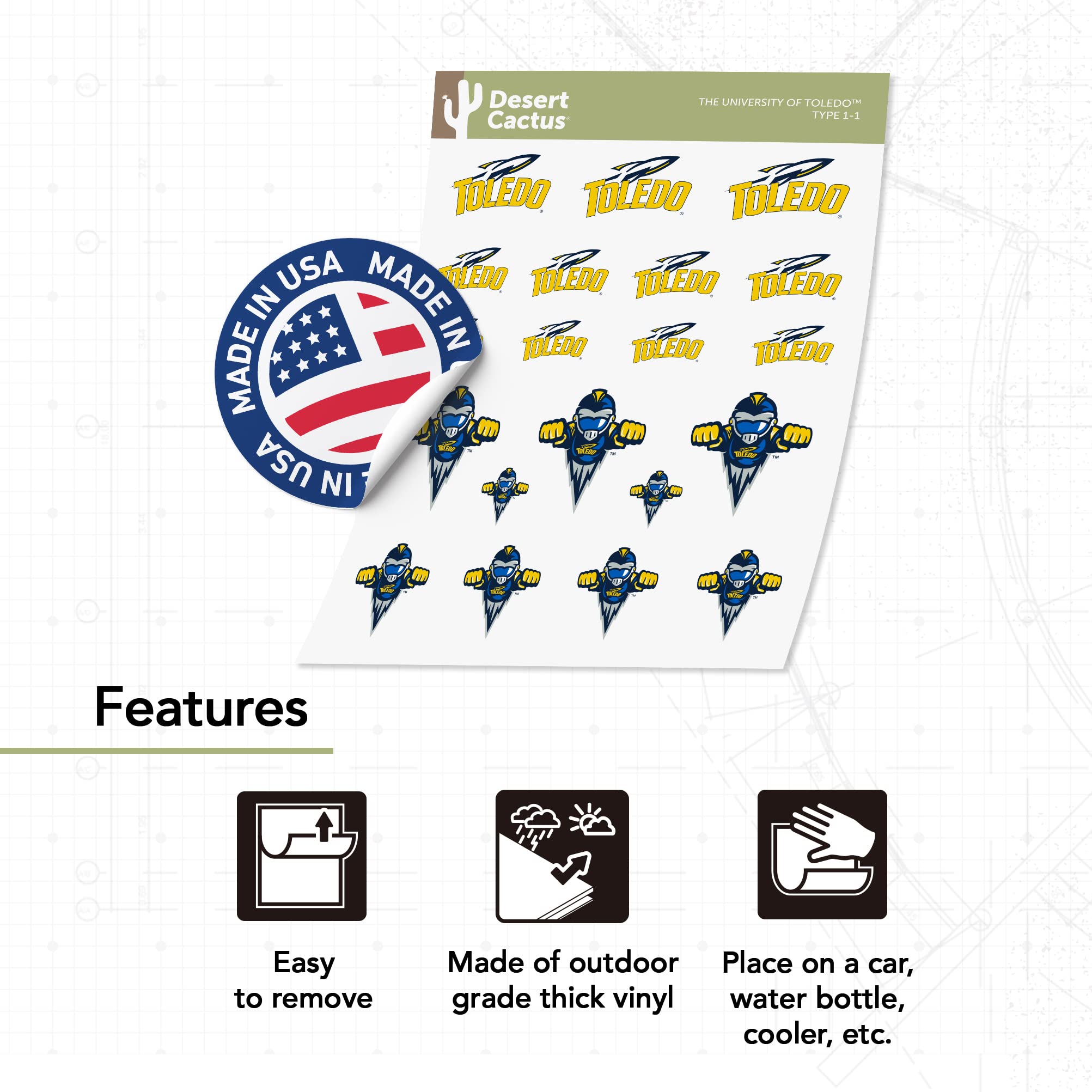 University of Toledo UT Rockets Vinyl Decals Sticker Sheet (13.39x10.98 Inch) - Desert Cactus Design for Laptop, Water Bottle, Car & Scrapbook - Perfect for College Pride, School Spirit & Fan Gifts