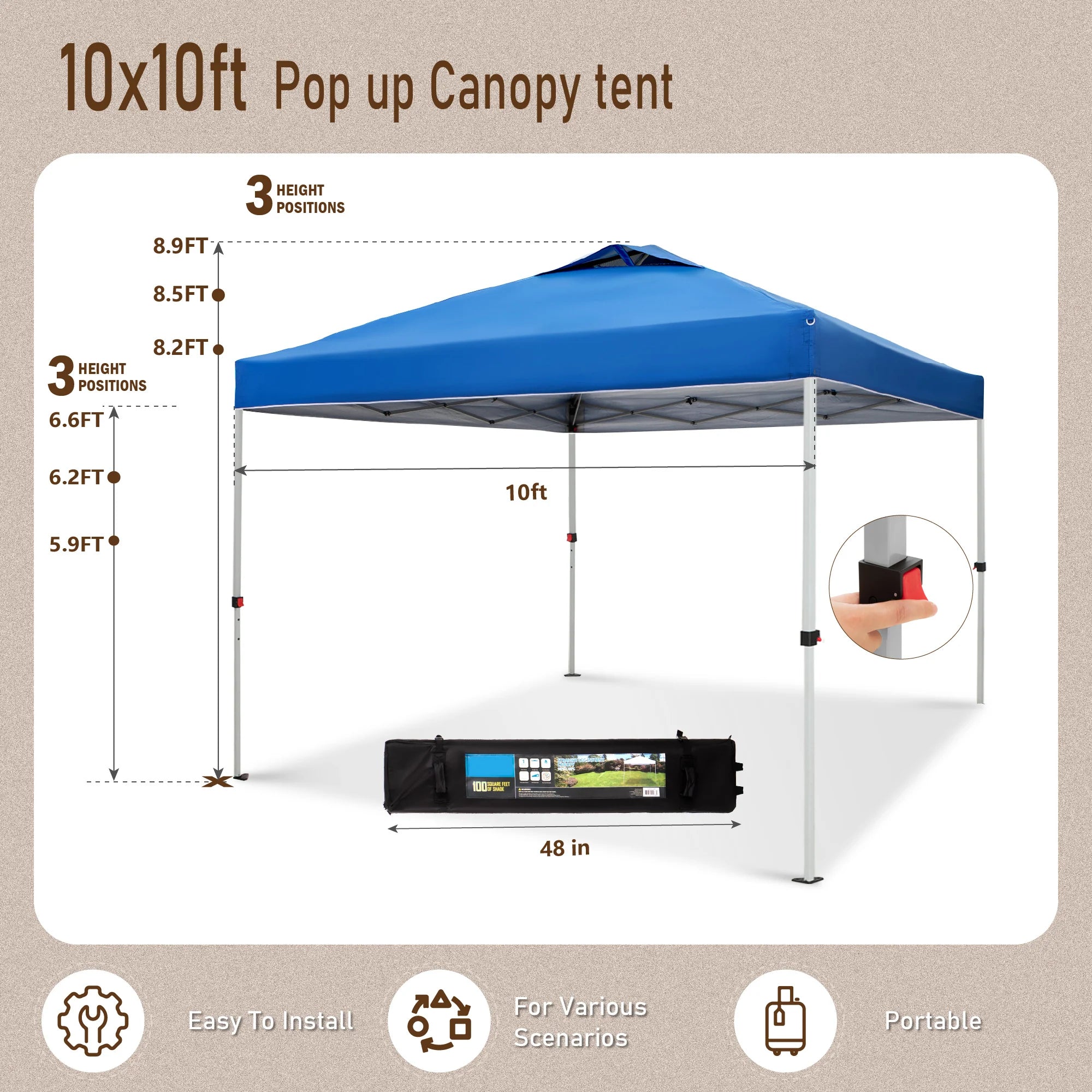 PHI VILLA 10'x10' Pop Up Canopy Tent - 3 Adjustable Heights, Portable Instant Shelter with Carry Bag - Perfect for Outdoor Events, Camping, Picnics, and Beach Parties