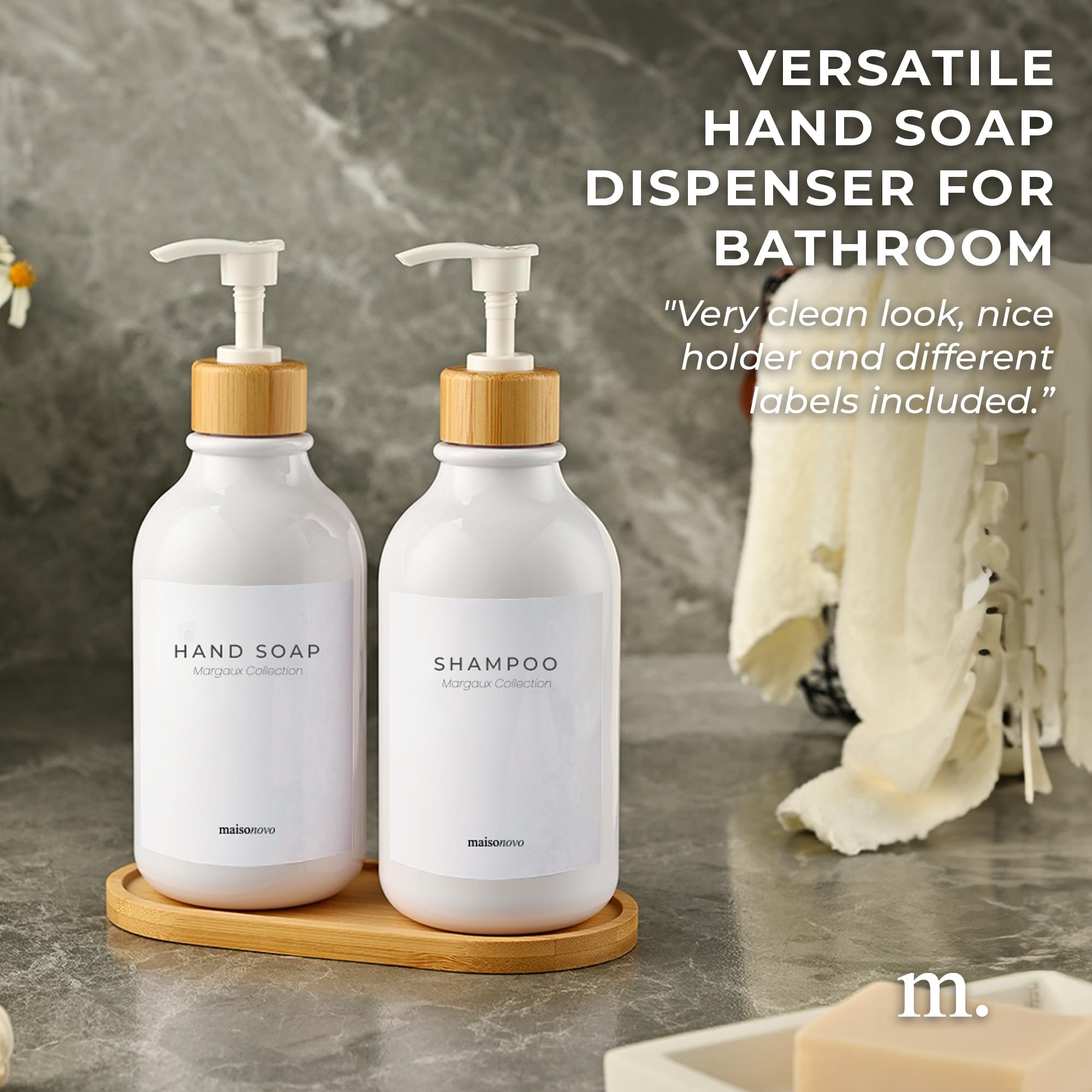 MaisoNovo 3-Piece Soap Dispenser Set - 16.9oz White Bottles with Bamboo Pumps for Kitchen, Bathroom & Vanity - Elegant Liquid Soap Dispenser for Hand Wash, Dish Soap & Lotion