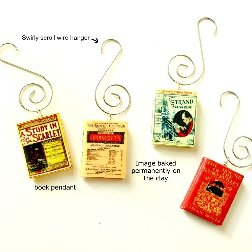 Sherlock Holmes Polymer Clay Mini Book Pendant Ornaments - 4 Piece Set - First Edition - Handmade Book Beads Jewelry - Perfect for Book Lovers, Gifts & DIY Crafts