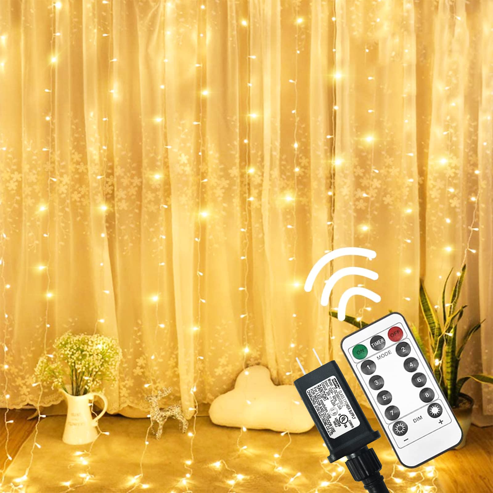 Twinkle Star 300 LED Curtain Lights 6.6x9.8ft - Fairy String Lights with Remote Control & Timer - Warm White Wedding Party Decorations for Bedroom, Home, Garden, Indoor & Outdoor - Perfect for Romantic Ambiance and Holiday Lighting