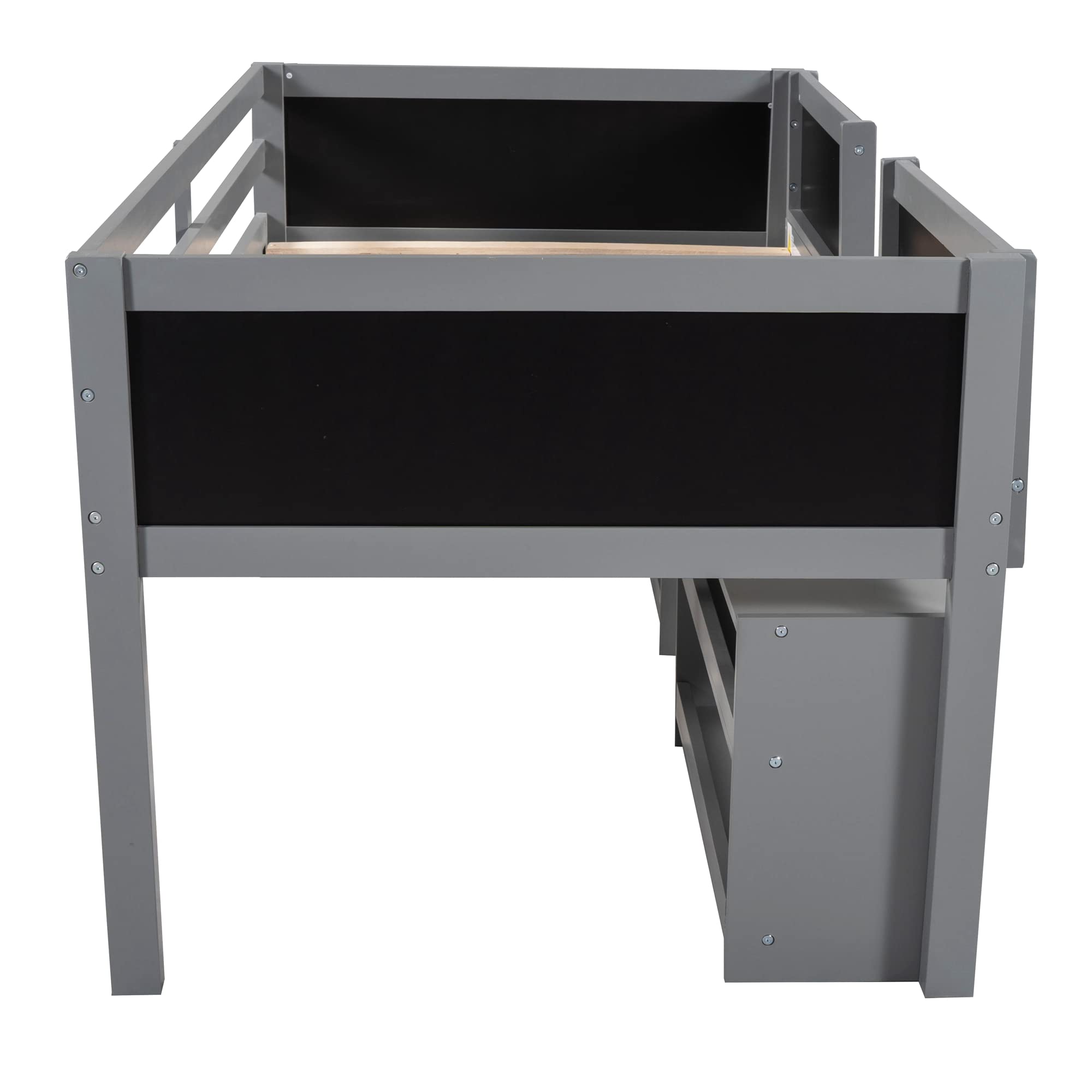 Wooden Twin Size Loft Bed for Kids with 2 Movable Shelves & Chalkboard - Low Loft Bed Frame for Boys & Girls in Grey - Perfect for Small Bedrooms, Playrooms & Dorm Rooms