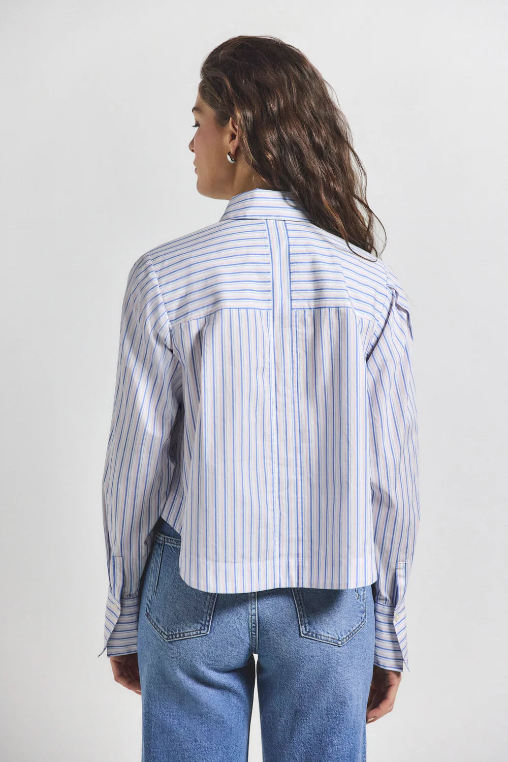 Estrella Striped Cropped Button Down Shirt - Blue Multi Color Women's Casual Top for Summer Outfits & Beach Vacations