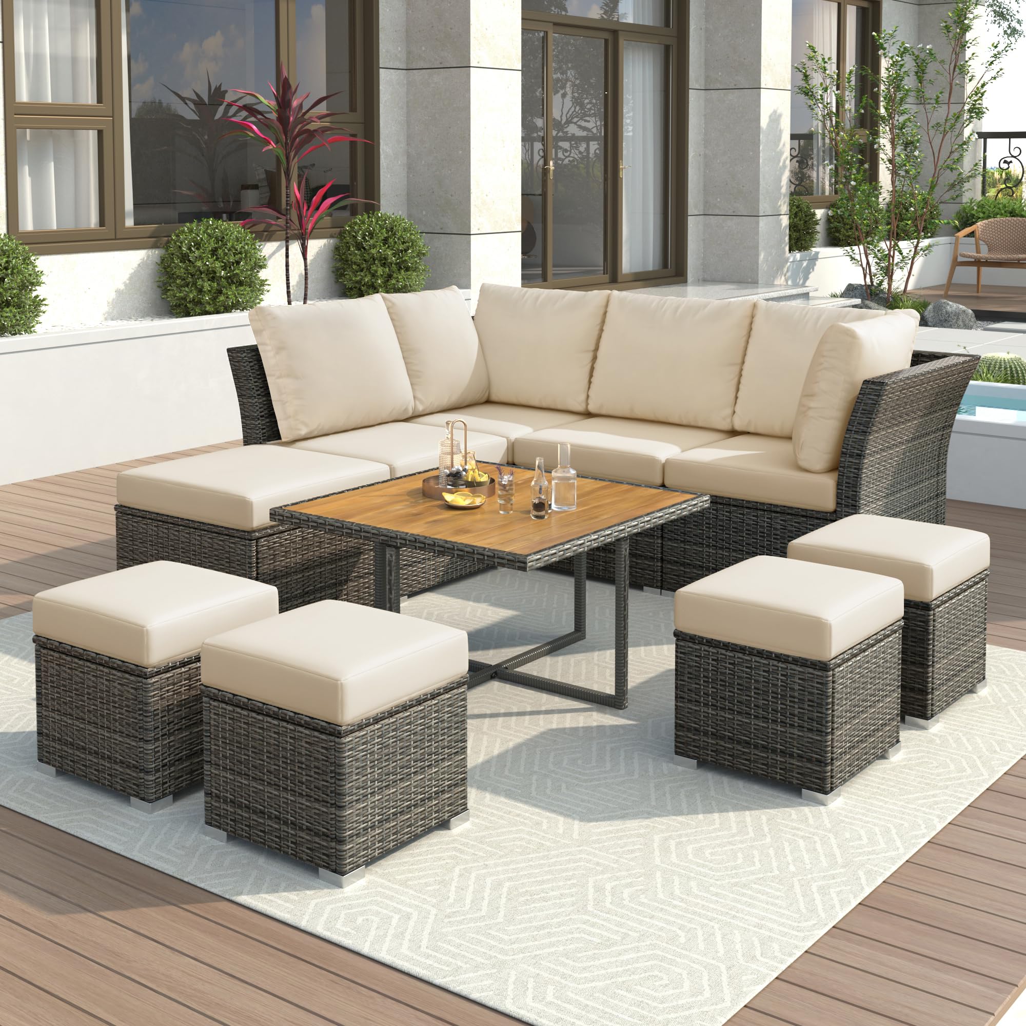 Merax 9-Piece All-Weather Patio Conversation Set - Outdoor Rattan Wicker Sectional Sofa with Solid Wood Coffee Table & Ottomans, Beige - Perfect for Backyard, Garden, Poolside & Terrace Relaxation